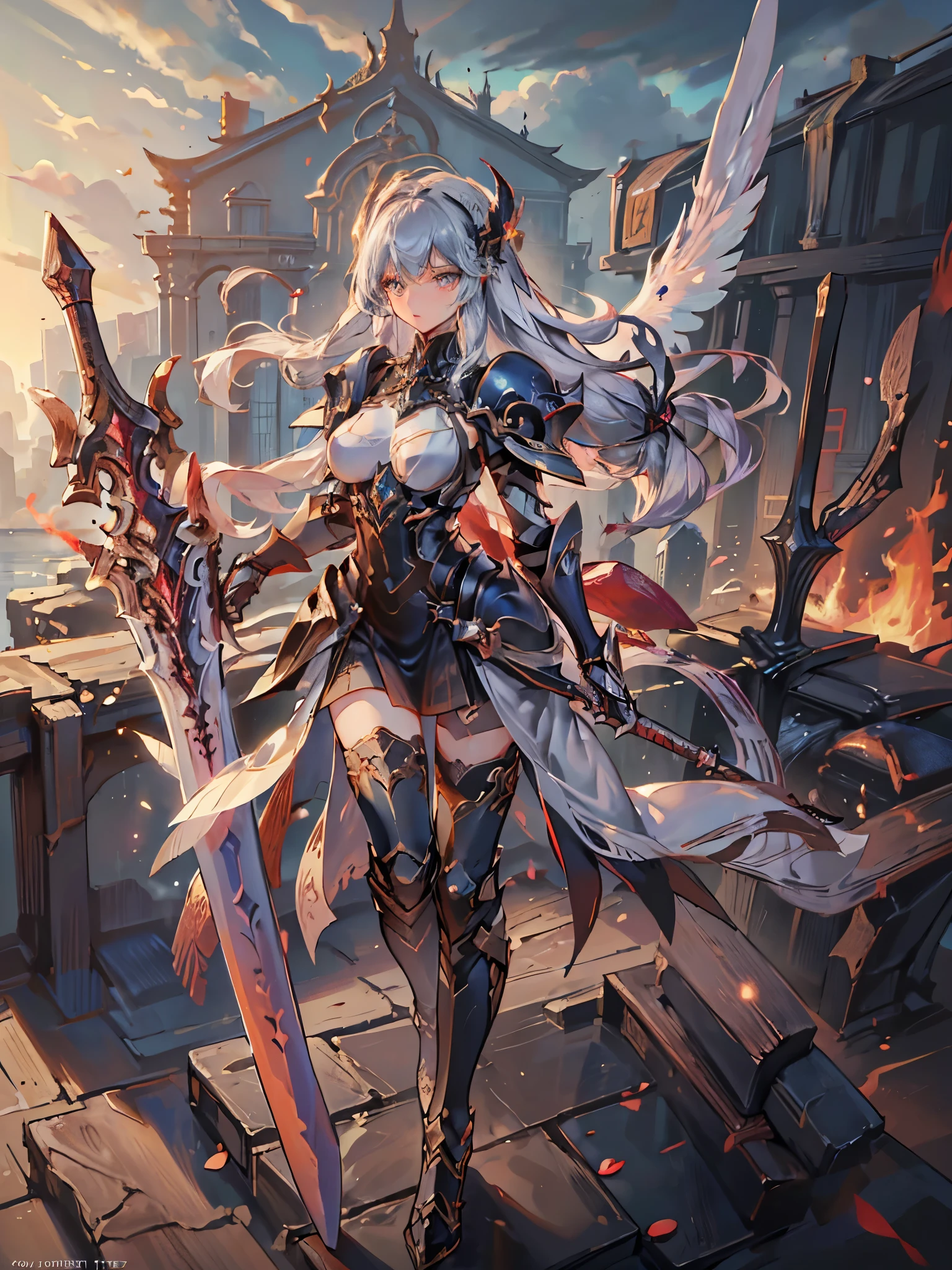 ((Best Quality)), (ultra high resolution), (Super detailed), (detailed description), (( best CG )), (masterpiece), Highly Detailed Art, (Art with Precise Details:1.5), (Female Fallen Angel user:1.5), (Beautiful and well-proportioned face:1.3,anger), female angel holding a huge sword, big breasts, banishment, Raging Fire, magma erupts from the cracked earth, Lightning that is more intense than dark clouds passes through the earth, detailed face and eyes, whole body view