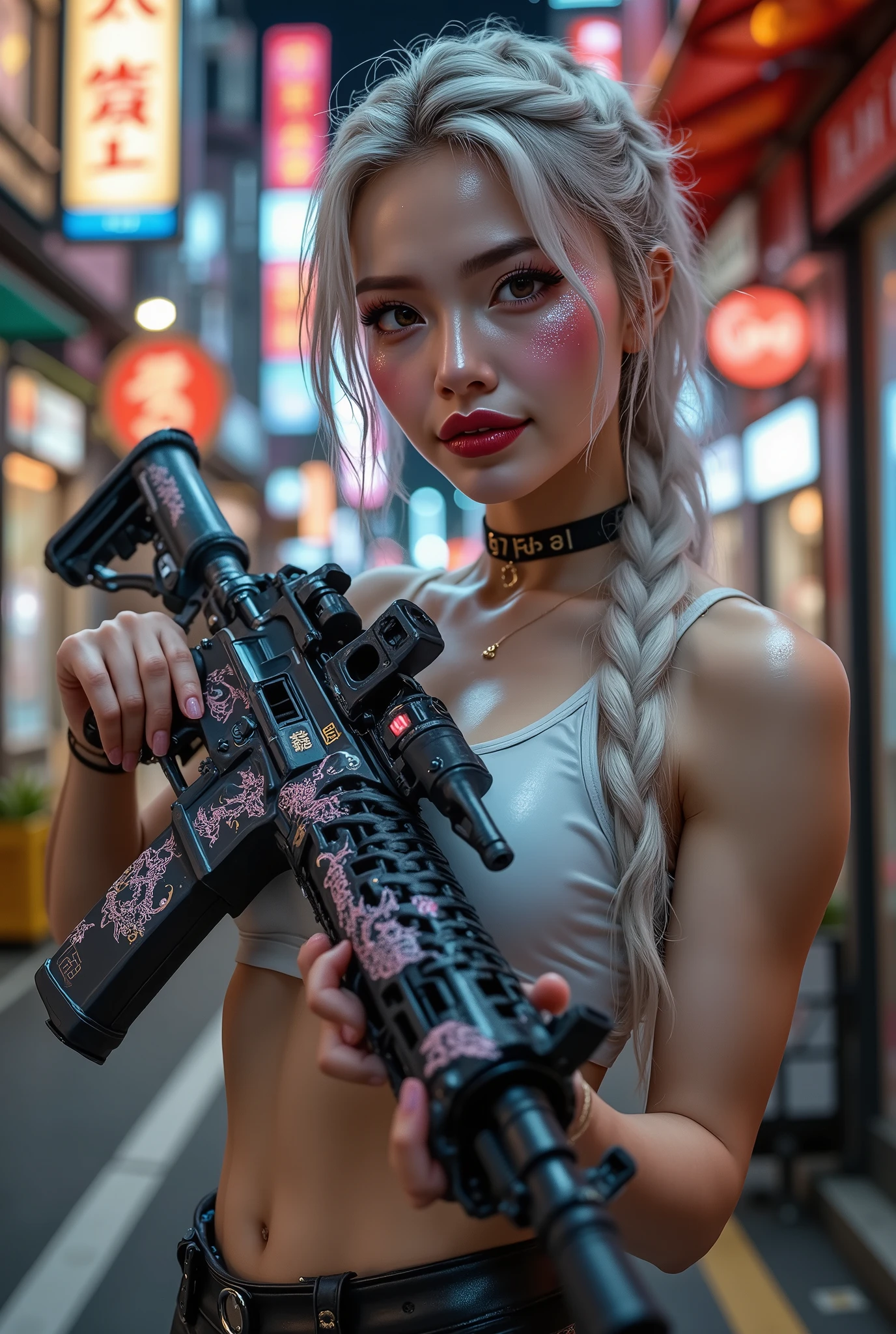  masterpiece, realistic, Photorealistic realism, Hyper high resolution, (Hyper insanel quality, absurd, ultra detailed digital art), focus on extremely Realistic Proportion Body, "Portrait of a 1 woman, 20yo {wearing a extremely detailed [ leather tanktop| (white, short, tight)], [((long, leather pants), lace-upp | (black ((tight)))]. night walk (streets of Tokyo), night, neon lights. hold with both hands, one machine gun [(M16A4 assault rifle, Stat Track), ((Pull the trigger with your index finger:1.1, Laser beam:0.7, Flamethrower:0.7, Looks like fire:0.6)) | ((Painted Japanese dragon, side-mounted, 4-digit electronic display shows the number "589" in red))]:1.3}." ((sharp focus, no blurry, absurd quality, Hyper detailed realistic brown_eyes:1.35)), (finely details pupils), (perfect round eyes), (finely detailed pupils), ((detailed symmetrical lips)), red_lipstick:1.15, long eyelashes, (perfect dark_eyeshadows), (glittery pink to gold makeup), (perfect composition), ((focus on the face, open mouth big smile, joyful expression:1.4)), (Carefully draw Long blue_eyelashes:1.18). high contrast, Vibrant, pale skin, full lips, white hair, braid, dynamic pose, pink, red, blue, Beautiful long legs in good style, modelling shoot, smiley face, Depth of field, cinematic light, ((shot above the knee:1.25))