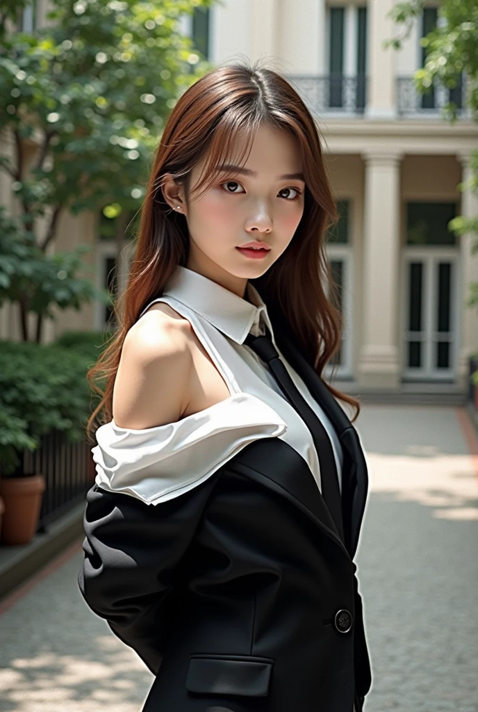 (best quality, masterpiece, highres:1.2), detailed, a woman, sitting on a wooden bench, outdoors, greenery, wearing a black off-shoulder blazer, crossed legs, hands rest on her knee, long hair,