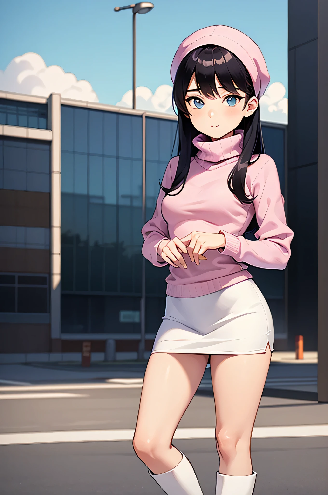 1girl, solo, looking at viewer, black hair, long hair, bangs, blue eyes, pink headband, pink turtleneck sweater, white miniskirt, white long boots
