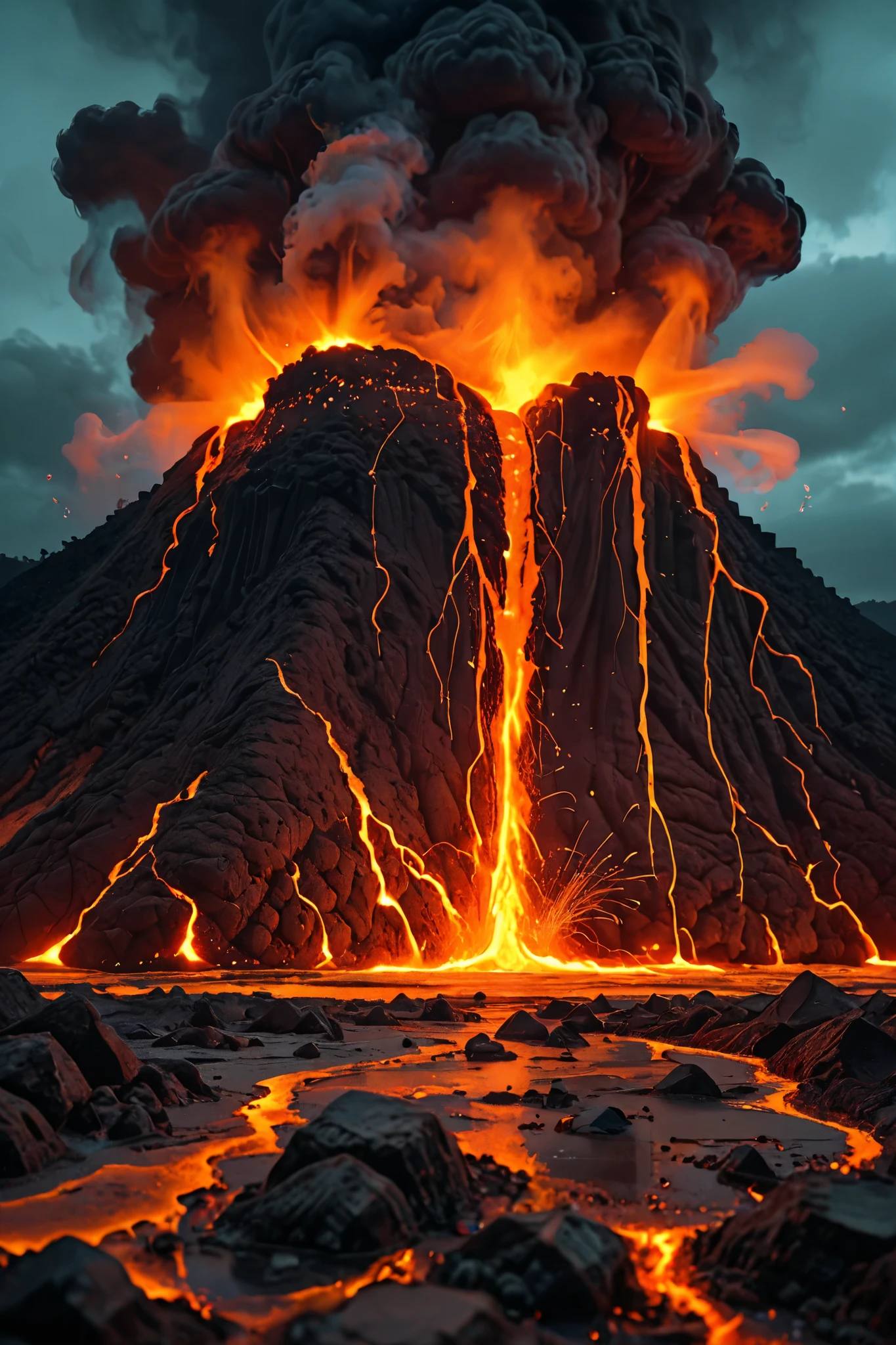 A chaotic blend of molten orange lava textures, pixelated glitch fractures, and neon cyan lightning cracks on a blackened base. Feels like a volcano erupting inside a corrupted computer