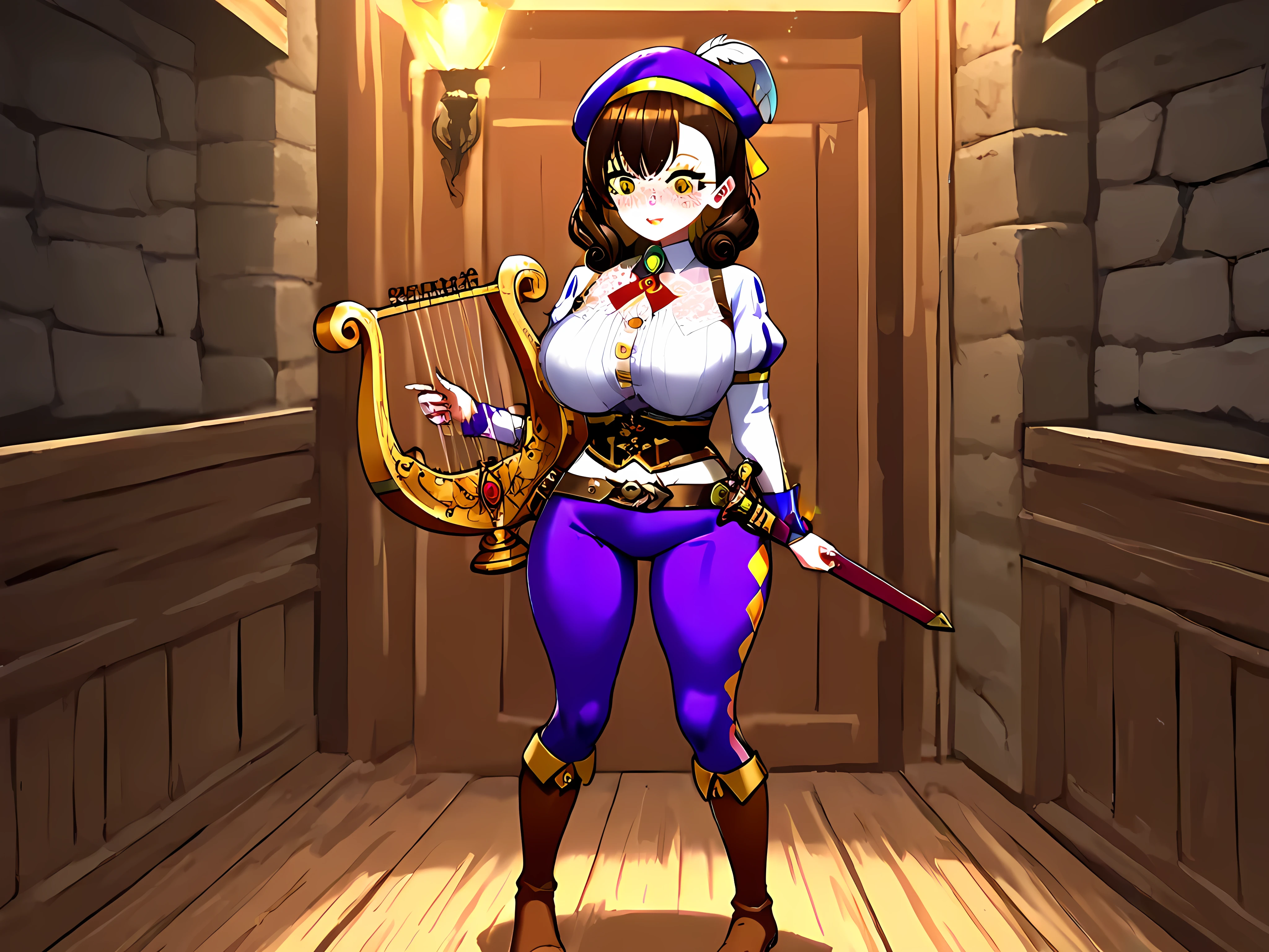 The girl is an circus actress/minstrel. Girl has a wiry feminine body with rounded thick wide hips and big breasts. She has long curly dark brown highlighted hair , has bright yellow owl-like eyes. She has soft clown-like makeup on her face: red blush,eyeliner, and freckles. She wears Tyrolean backet-hat with a feather. She's wearing a burgundy/purple vintage troubadour/circus costume: purple leggings with stars ornament, pointed-toed boots with bells, an embroidered shirt with a high collar and puffy sleeves, corset decorated with a diamond pattern. She has a scabbard on her belt. On her chest is a brooch in the form of harp, hallmark of Guild of bards. She is armed with a three dirks.  In the background: a medieval fantasy city in an unknown kingdom, dragons are flying across the sky and a carriage with a unicorn is passing by.