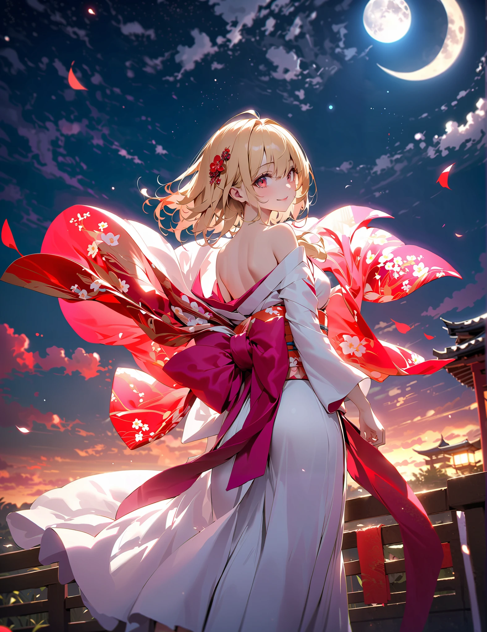 ( beautiful girl: 1.3), 1 girl, masterpiece, top quality, super high resolution , rich contrast , high definition ,8k, high-definition CG unit wallpaper , textures, unbelievably ridiculous , super high resolution , RAW Photo,Depth of Field 1.2,( Beautiful and detailed kimono ),smile,Vampirization、 Pale red eyes , very pretty eyes, Has Big Eyes , droopy eyes , large vertical oval black pupil that drifts slightly、 white skin, blonde, hair tips are dyed red、round cute ass、Moon Between the Clouds,Stardust,tsukimi dance,Mysterious glow,Phantom Moon,( from behind:1.8), ( Gaze into the distance:1.3),(Looking up 1.3), veranda, wariza, and she's staring at the moon、Slightly drifting blood、