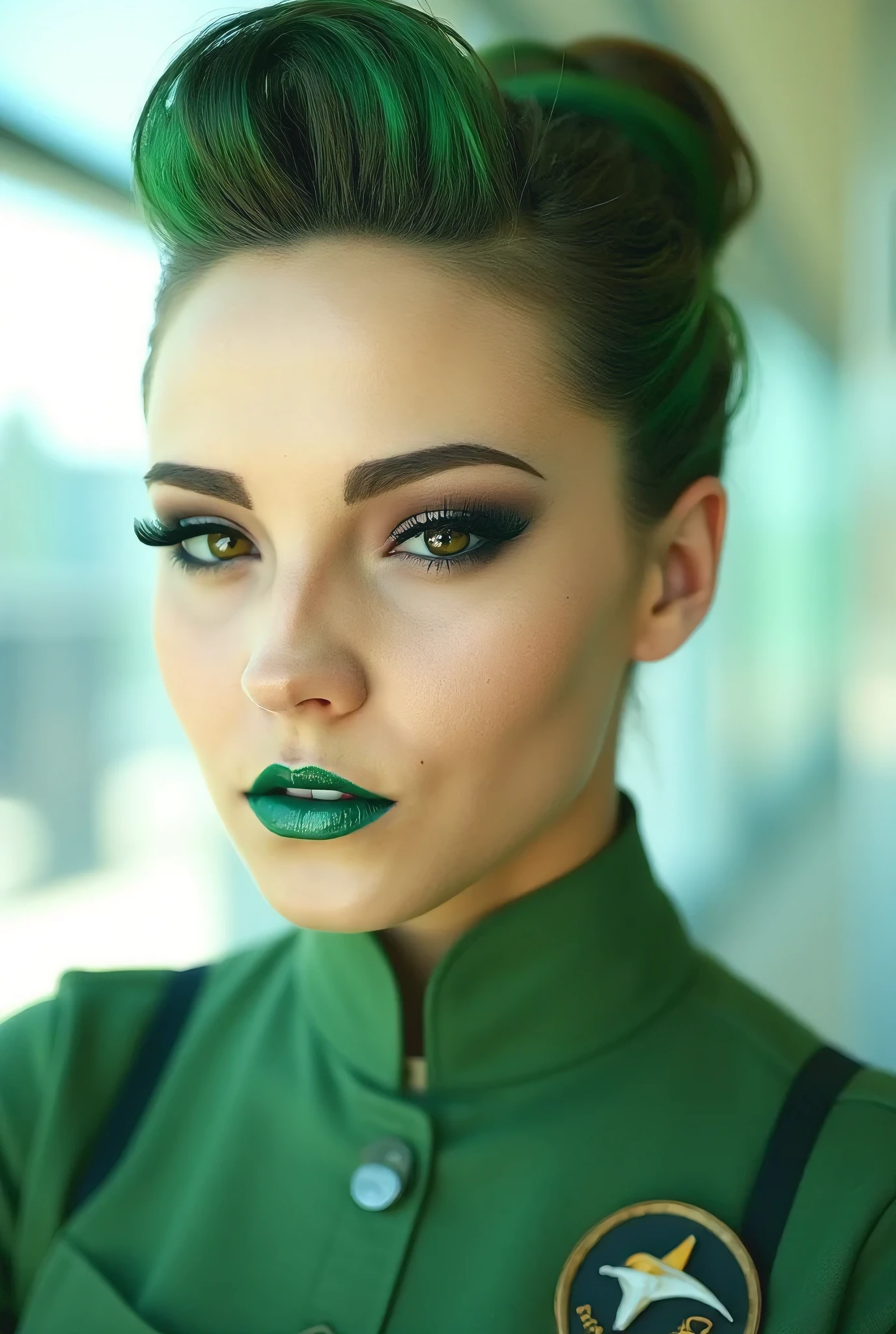 stewardess in uniform. green hair tied in a bun. very long eyelashes. green lipstick big blue eyes.bright studio light
