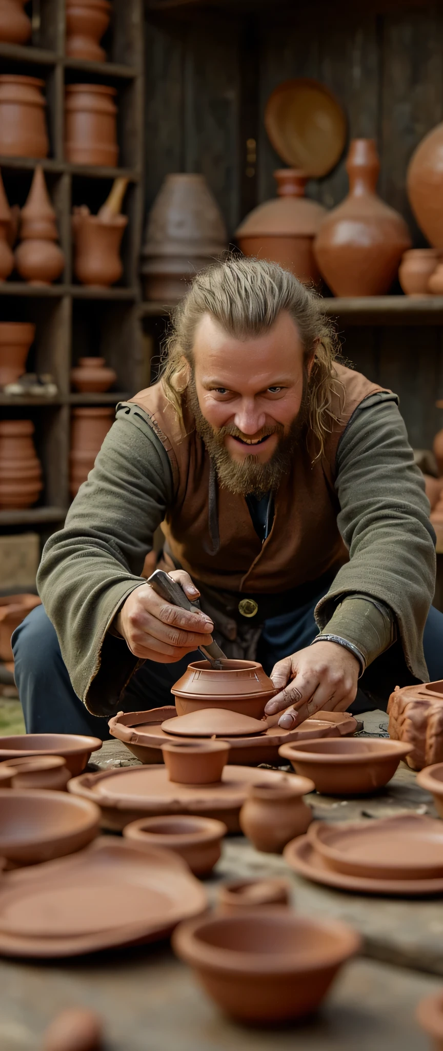 **Prompt**: Using Unreal Engine 5, craft a breathtaking ultra HD 8K image that showcases a symmetrically balanced panoramic view of a talented Viking male potter. This full-body portrayal captures him in mid-action, forming a clay pot in his artisan workshop, which is filled with beautifully designed, textured clay pots that reflect the craftsmanship of a bygone era. His expression radiates joy and passion for his craft, embodying the spirit of creativity typical of ancient Viking artisans. The workshop itself should be richly detailed, with symmetrical elements and leading lines that guide the viewer's gaze through the scene. Implement soft, natural lighting to enhance the three-dimensionality of the space while achieving a full depth of field. Pay close attention to the anatomical precision of his hands, ensuring that the intricate details of human fingers are rendered with realism. Additionally, include elements like glistening hair and a warm, inviting atmosphere to create a lifelike environment, reminiscent of the highest-quality artwork typically showcased on ArtStation and DeviantArt.