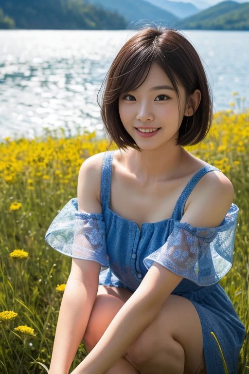 One Girl、masterpiece、Brown short bob、Headband、２０Japan Representatives、Wide Eyes、Wink、Clear skin、Small 、Thin thighs、White sneakers、Yacht harbor in midsummer