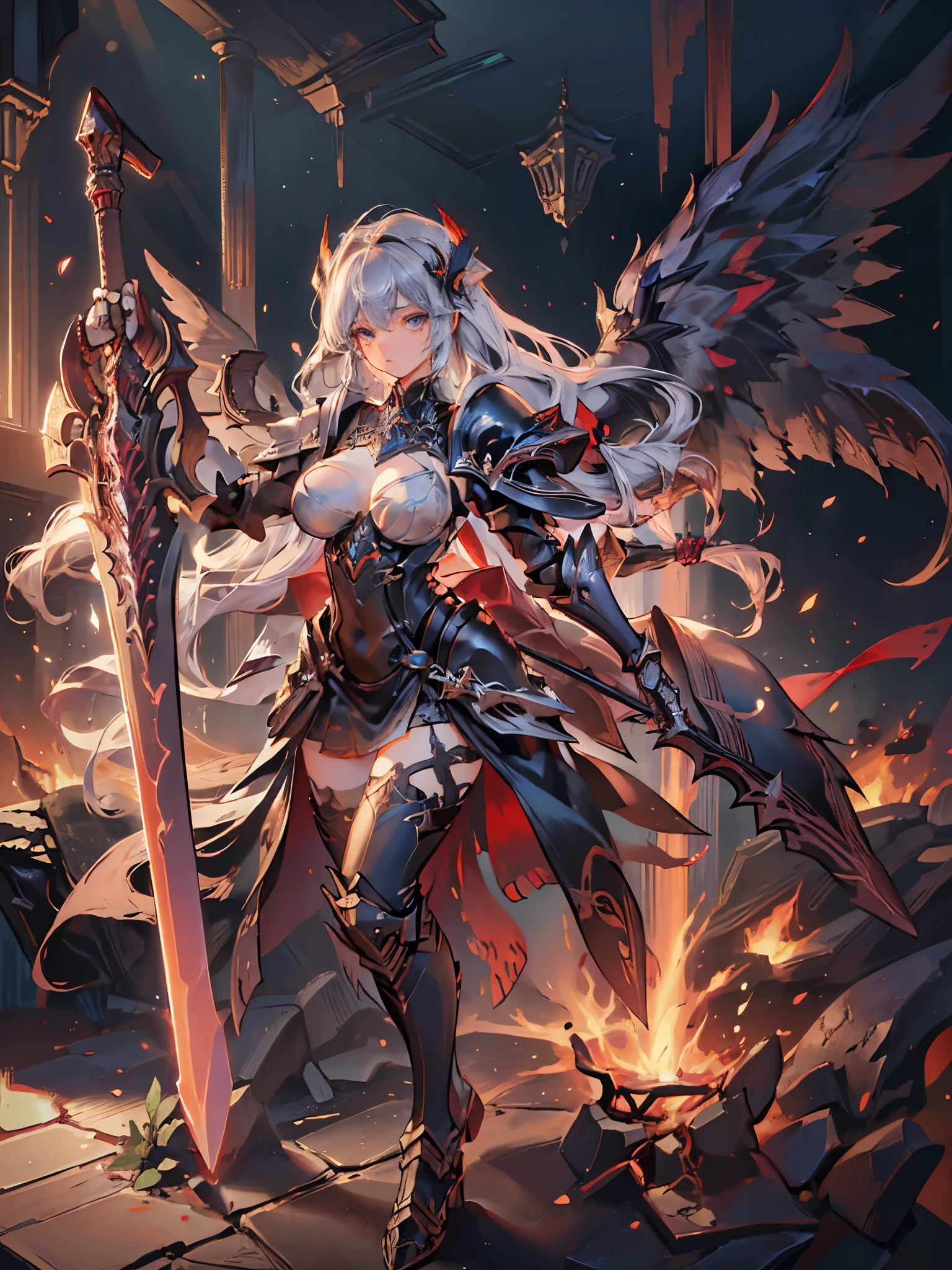 ((Best Quality)), (ultra high resolution), (Super detailed), (detailed description), (( best CG )), (masterpiece), Highly Detailed Art, (Art with Precise Details:1.5), (Female Fallen Angel user:1.5), (Beautiful and well-proportioned face:1.3,anger), female angel holding a huge sword, big breasts, banishment, Raging Fire, magma erupts from the cracked earth, Lightning that is more intense than dark clouds passes through the earth, detailed face, detailed eyes, whole body view