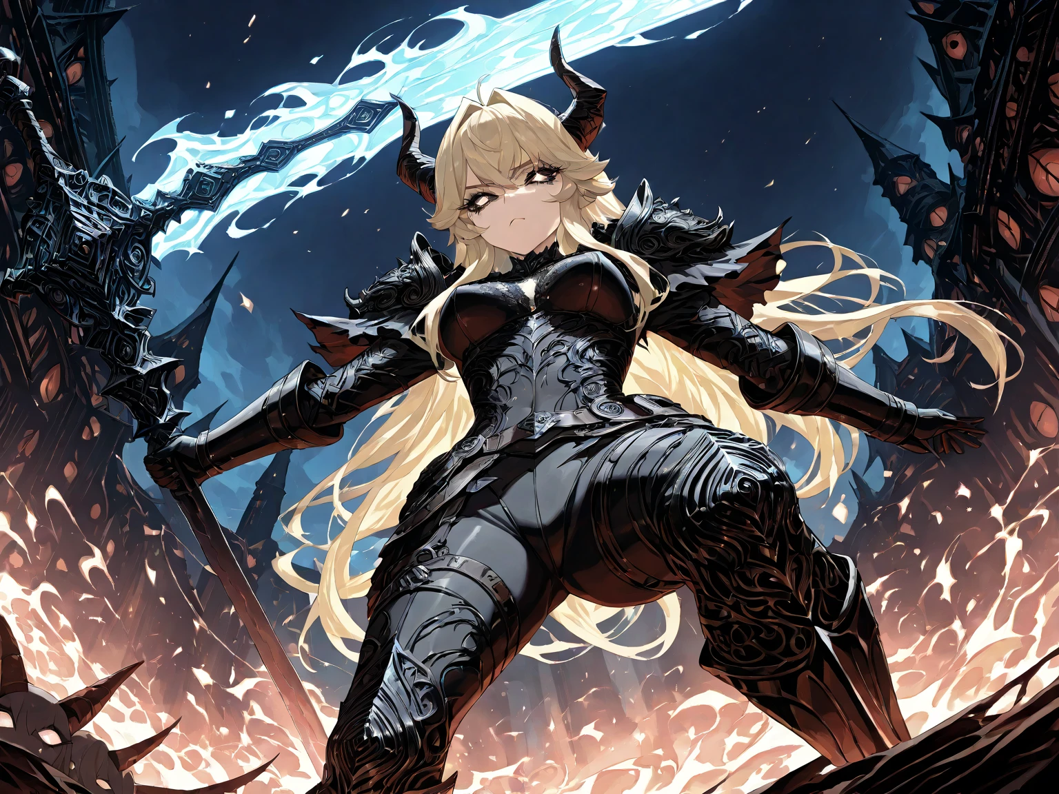 A woman, long hair, blonde, horns, flaming eyes, succubus, medieval clothing, in a forest, athletic body, ass, dynamic pose