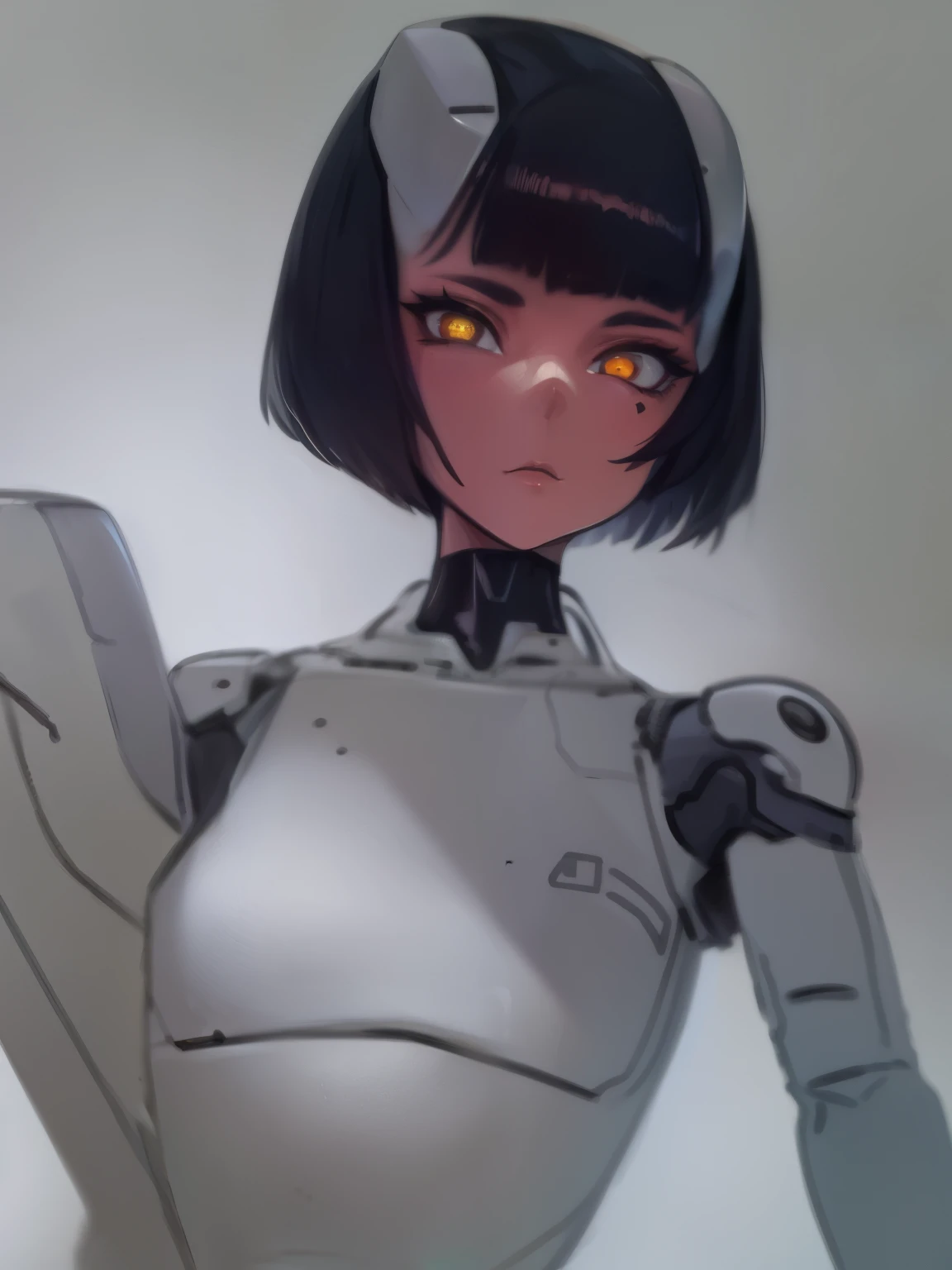 A girl with short hair with the face of a robot is a robo-arm