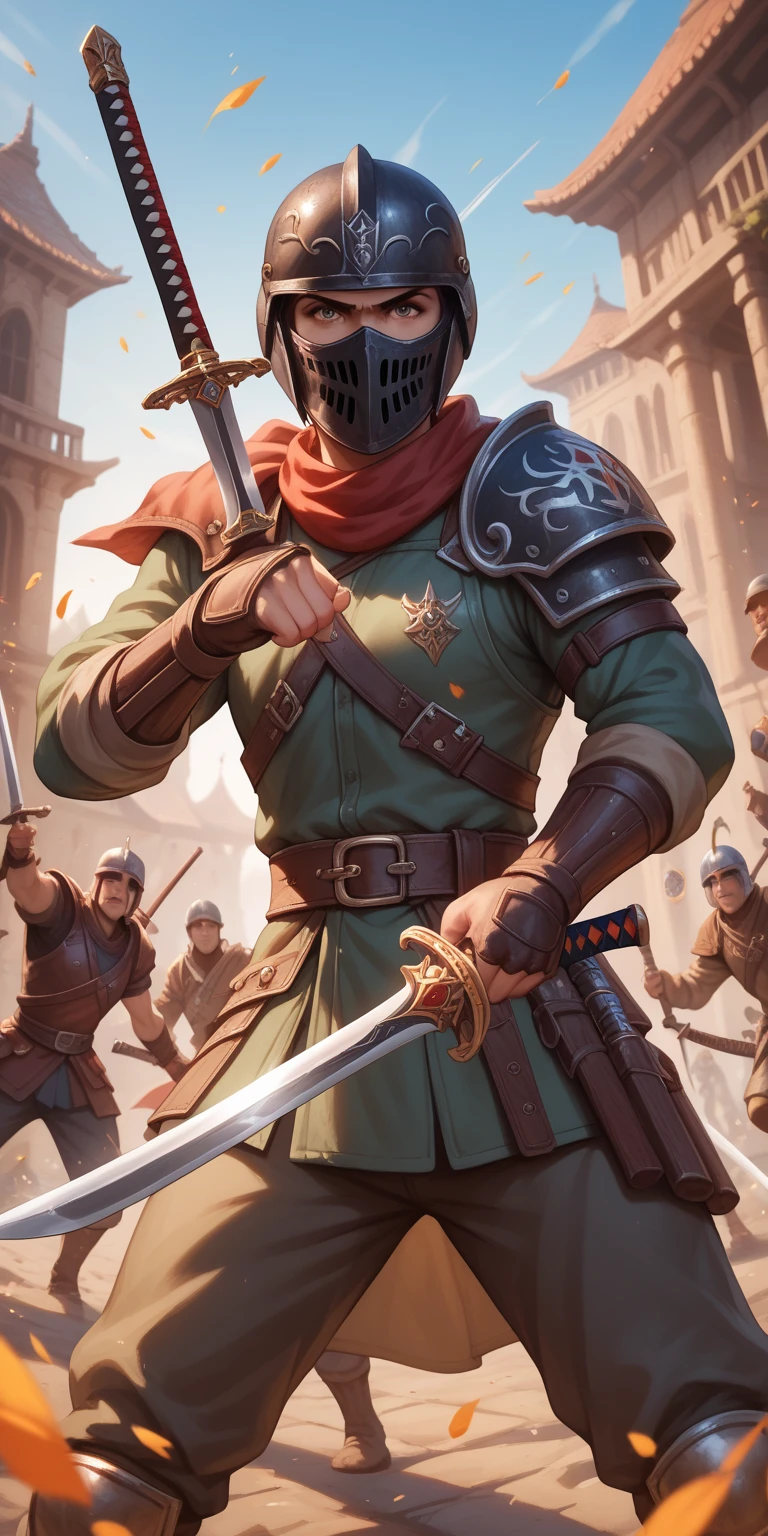 313archer, helmet, armor, solo, focus, 1man, adult, <lora:313archer-nvwls-v1-final:1.0>, walking, pointing, smile, laughing, open mouth, covered eyes, shadow over eyes, from side, upper body, outdoors, medieval town, wooden houses, desert.
