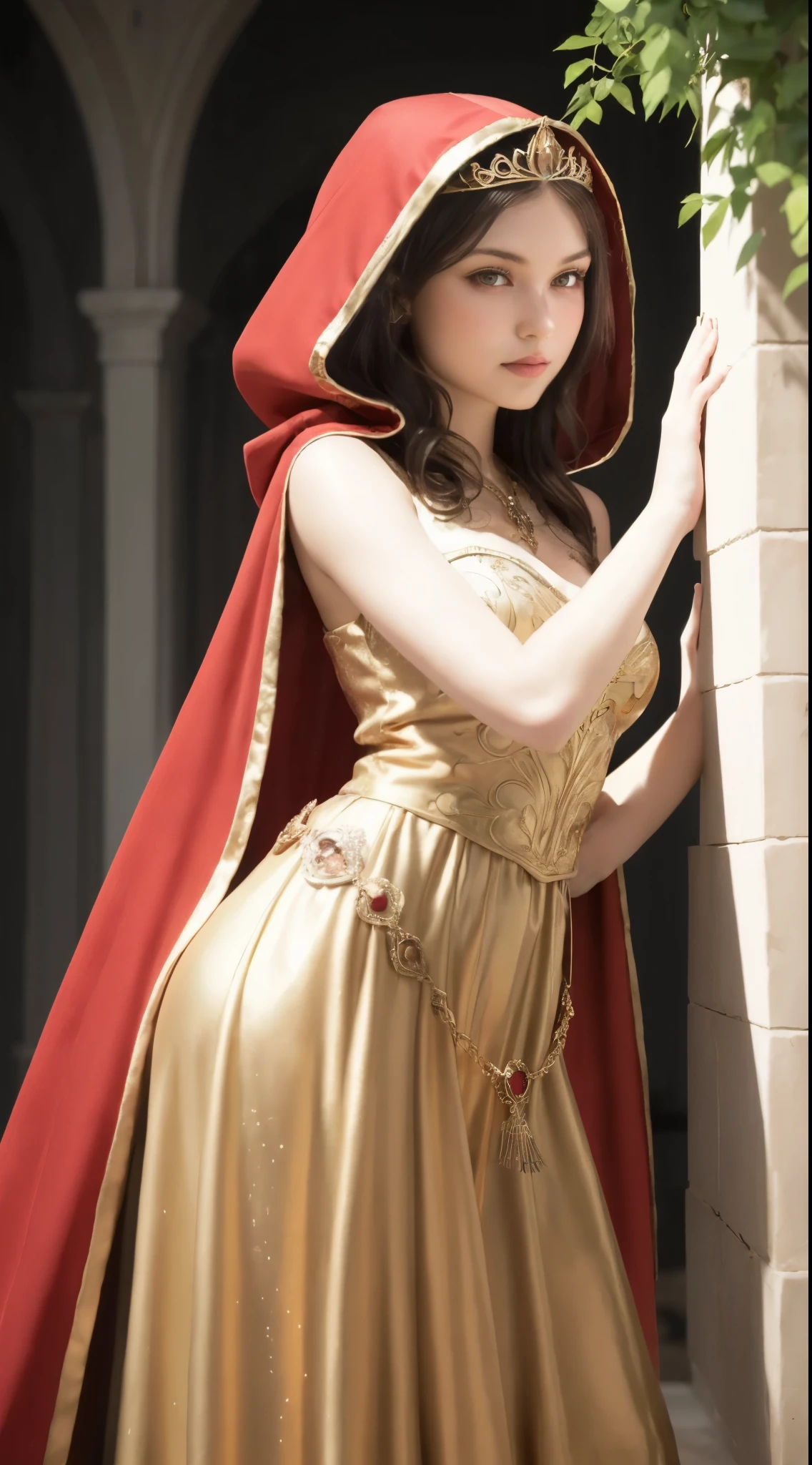 (best_quality, masterpiece:1.2), (highly detailed), (uhd, high_resolution, highres), girl, leaning on wall, sleeveless hood, red hood, golden robe trim, golden skirt, dark hair, looking at viewer, tiara, royal design, ornamental ornate design, oppulent details, medieval fantasy,