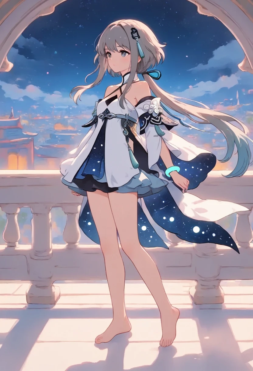 Highest quality, 17-year-old girl,Full body portrait, Delicate face, Beautiful Face,Shy smile,Idol&#39;s blue clothes,Chihaya Kisaragi,dome,stage,live,Singing with a microphone,