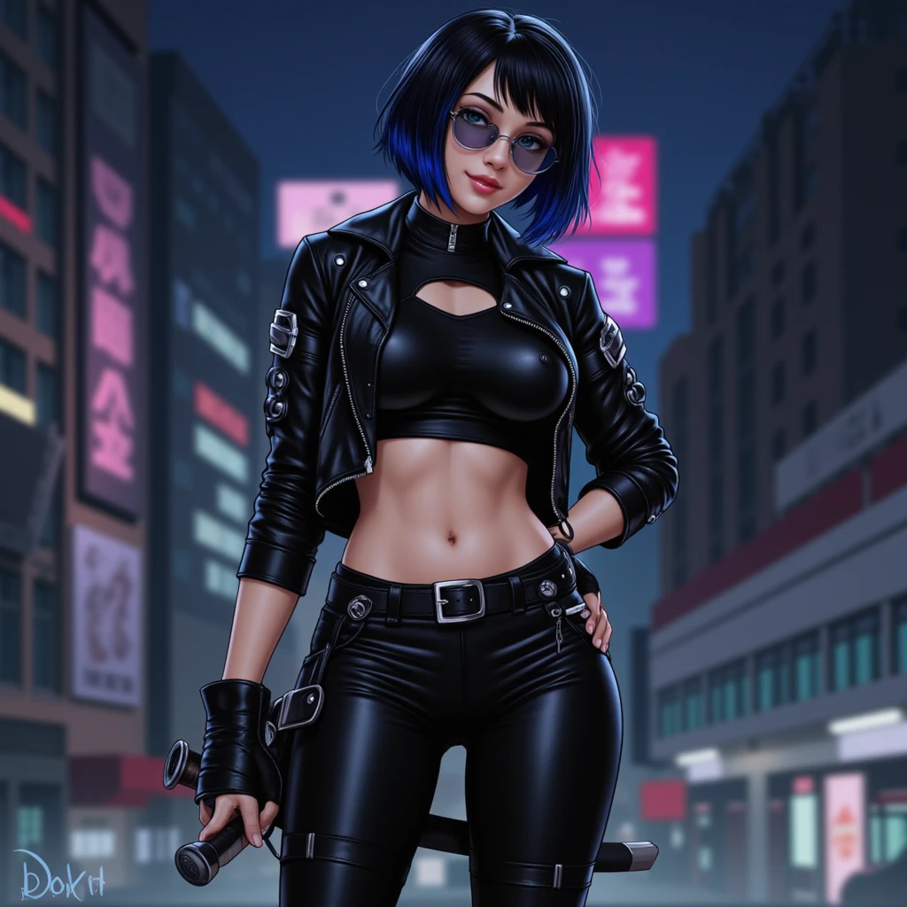 1girl, alone, a 28-year-old woman, pale skin, eyeshadow, purple lipstick, ((Wearing: Black opened jacket, black leather bra, tight black pants, belt and leather boots:1.2)), midriff, medium breasts, cleavage, she has short black hair with purple highlights, purple colored eyes, standing, she's looking at the camera with an inexpressive look, she's smoking a cigarette, Graffiti Alley, Trash Can, she's leaning up against a wall.