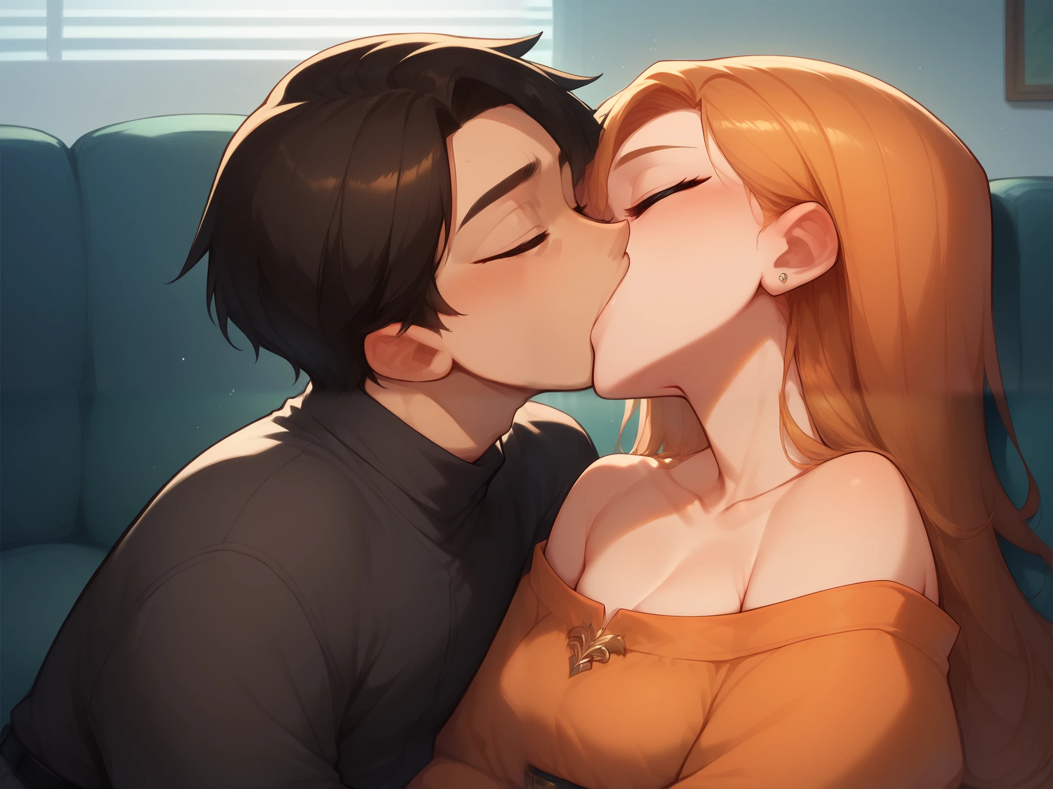 Young boy wearing black shirt with folded sleeves tucked into grey pants with a black belt kissing and making out with a sexy and beautiful woman wearing an orange and white polka dress lying on the couch in a secluded area in a club