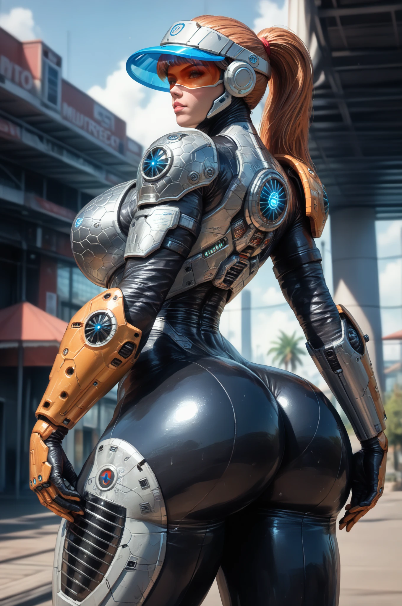 Rear view of A Black Woman in an imposing futuristic post-apocalyptic cyberpunk environment full of technological details. The woman has rich, deep skin, with tones that glow under the scene's neon lighting. Her hair is a bold combination of dreadlocks and braids, decorated with metallic threads and small LEDs that blink softly, reflecting the colorful lights in the room. His face is sculpted with strong, elegant features, highlighting piercing eyes that glow with a cybernetic blue intensity. She wears metallic makeup, with silver shadows and lips painted an intense purple, adding a touch of mystery and power. His athletic body is encased in a futuristic combat suit made from synthetic and metallic materials. The look is a combination of black, silver and neon blue, with details that suggest high technology, such as embedded circuits and light panels. Plates of armor protect his shoulders, arms, and legs, while cables and wires connect to devices on his body, indicating a perfect fusion between human and machine. giving it a vivid, dynamic and hyper-realistic cinematic look.