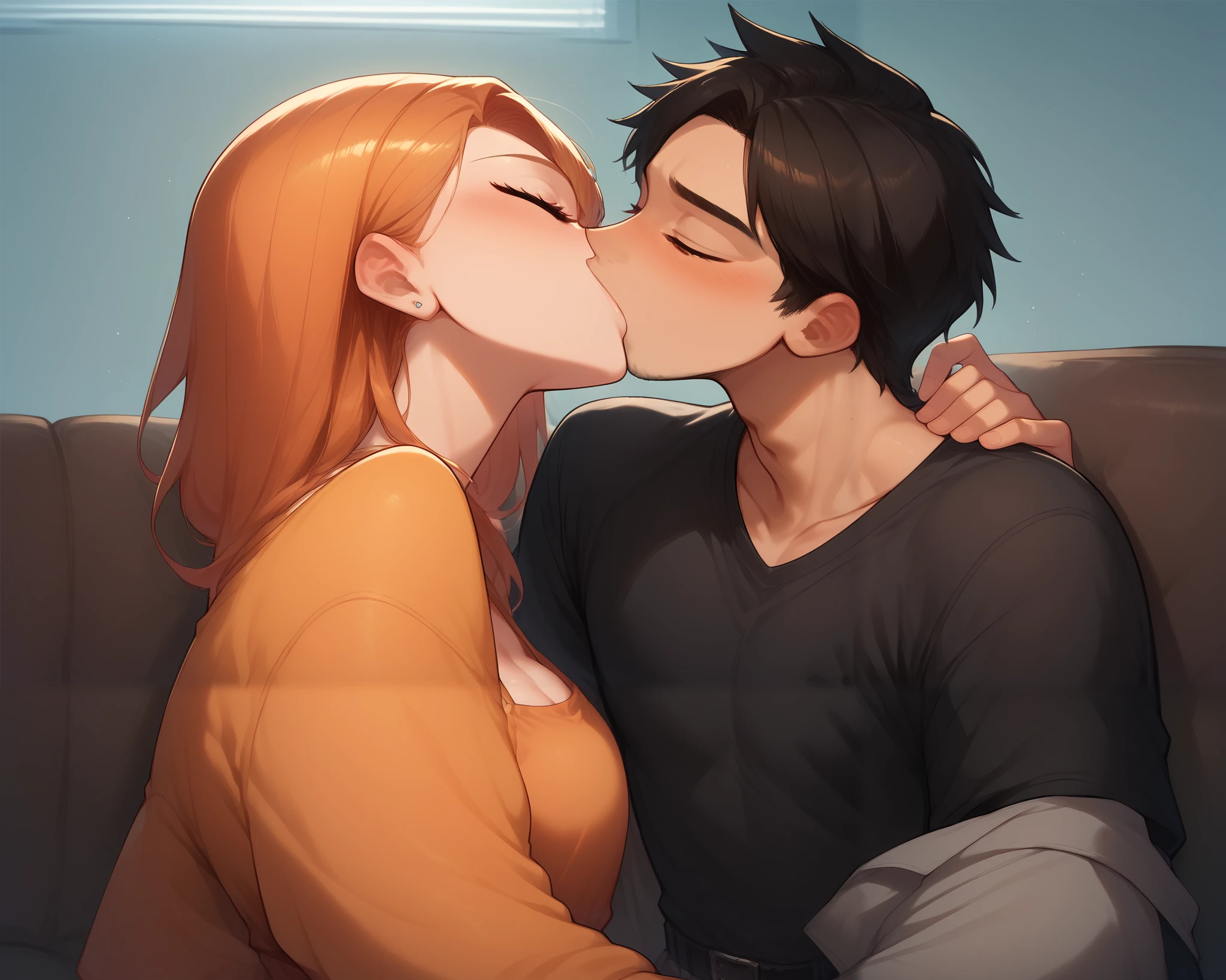 Young boy wearing black shirt with folded sleeves tucked into grey pants with a black belt kissing and making out with a sexy and beautiful woman wearing an orange and white polka dress lying on the couch in a secluded area in a club