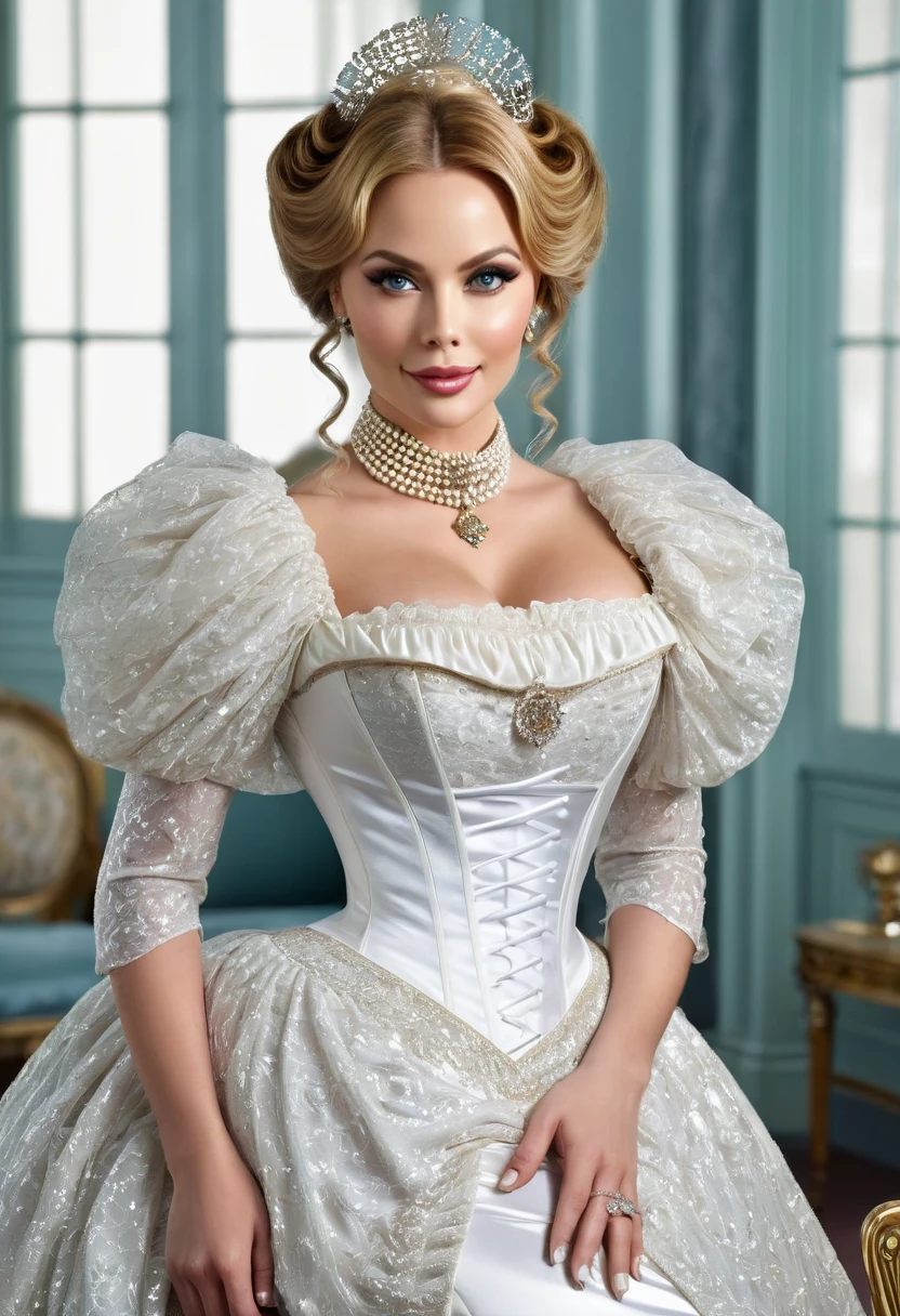 A stunningly beautiful blonde fairytale Princess shining with Royal Pomp and Regal Splendor, wearing a Stately and (((Elaborate))) Royal Cinderella Wedding Dress of Silver and White Brocade, with (((enormous puffed sleeves))) a stiffly boned, padded and corseted bodice, an hourglass waist, a (((huge crinoline hoopskirt))) and (((bustle))), adorned with ribbons, bows, roses, lace, ruffles, frills, embroidery, and jewels, elaborately curled and styled hair, long white gloves, pearl and diamond necklace and earrings