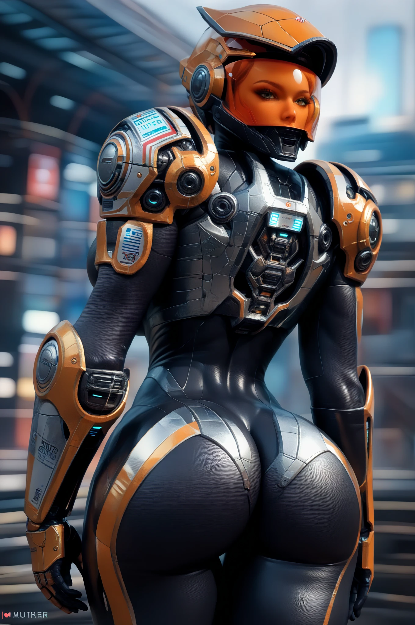 halo,only one girl,Black tights,The surface is covered with orange armor,Very long legs,standing on your feet,Full body photo,Back,helmet,The butt is round,The butt is black,8k