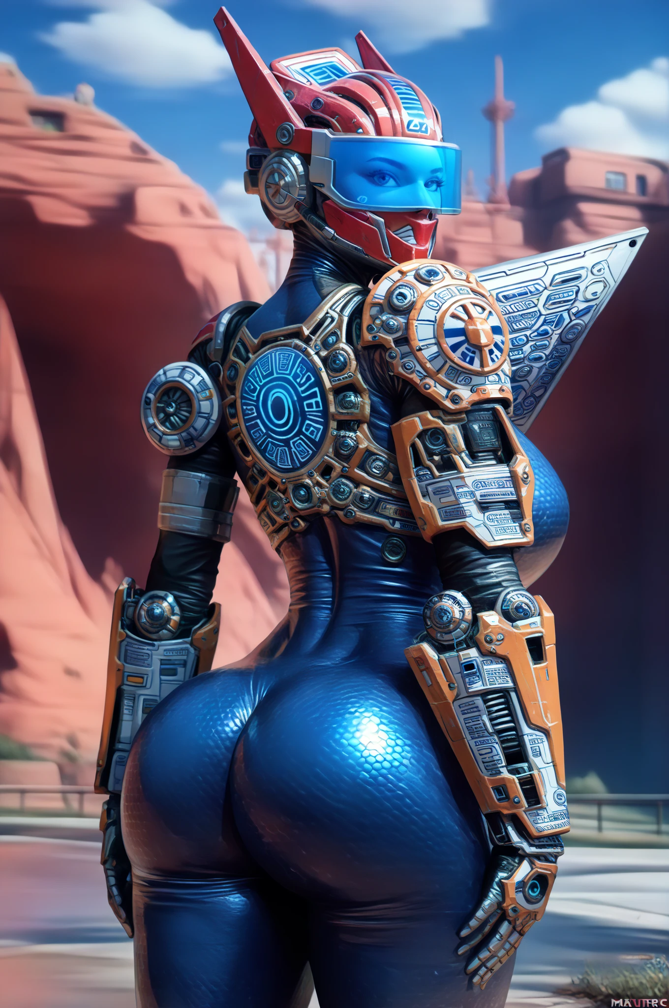 8k ((above view:1.3)), ((full body view))((back view:1.4))(large eyes:1.3), defined cheekbones, looking back, ((the pit style:1.4))((sleek dark blue bodysuit:1.6)) ((intricate lace details:1.6))detailed face:1.5), lightblue skin,(puffy lips:1.5) (lightblue skin:1.6), (bald woman:1.7), (skinhead) ((sexy pose)),(Muscular:1.3), ((gigantic breasts:1.5)), )highly detailed, Volumetric lighting, baroque oil painting by Greg Rutkowski, Artgerm, WLOP, dynamic angle,((intricate neon lines on bodysuit:1.3)), majestic, digital photography, best shadow, light particles, art by artgerm and ruan jia and greg rutkowski, ((gold shoulder pads:1.6)), (masterpiece), sidelighting, intricate details, (((black color palette)))