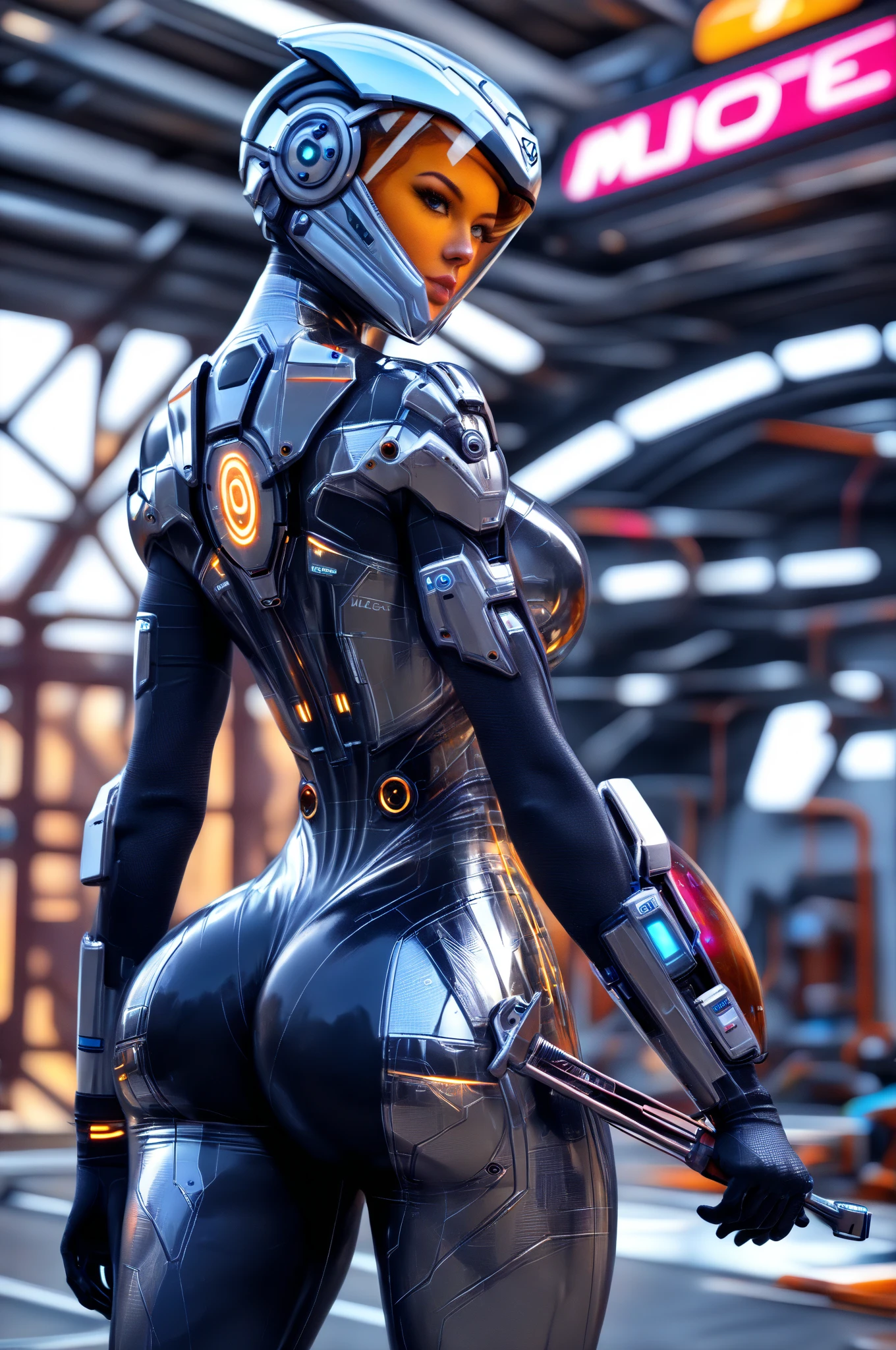 Topic prompts "Atomic heart, Mechanical girl" as follows: Atomic heart,Mechanical girl,Meticulous robot eyes,Detailed metal lip,Extremely detailed facial features of the robot,Shiny metal skin,Mechanical body parts,Mechanical gears and gears,Magical glowing heart,Cyberpunk style background,Science fiction art style,Vibrant colors,High-res,Ultra-detailed, (legs), Realistic lighting effects, Bokeh, shot from behind.