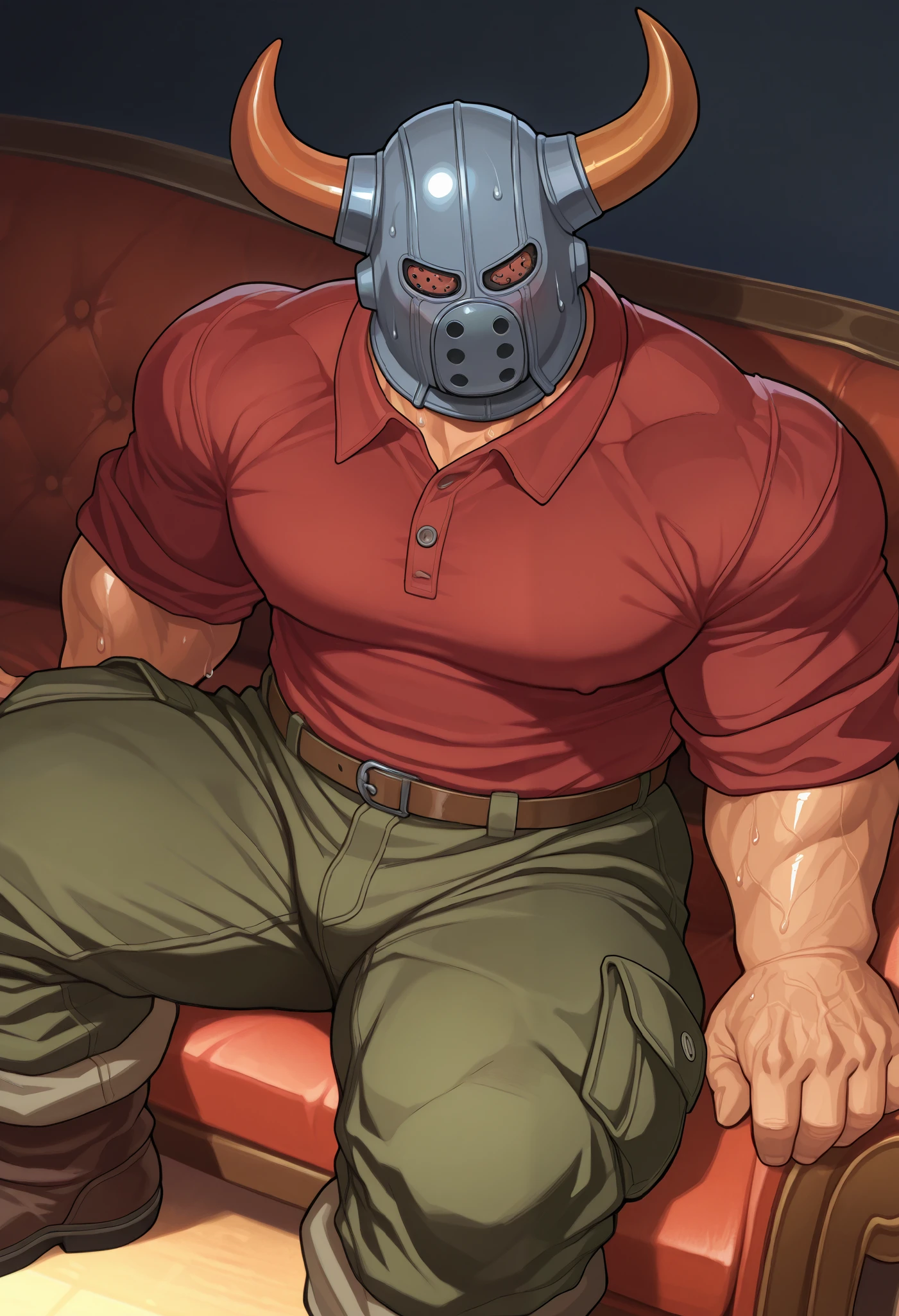 thug_dq, grey mask, horned helmet, solo , male, male, casual pose , dominant, bara, wearing dark red collared polo shirt, cargo pants, sitting on couch
, 2024, 2023, 3z01d, masterpiece,best quality,amazing quality, close-up, sweating