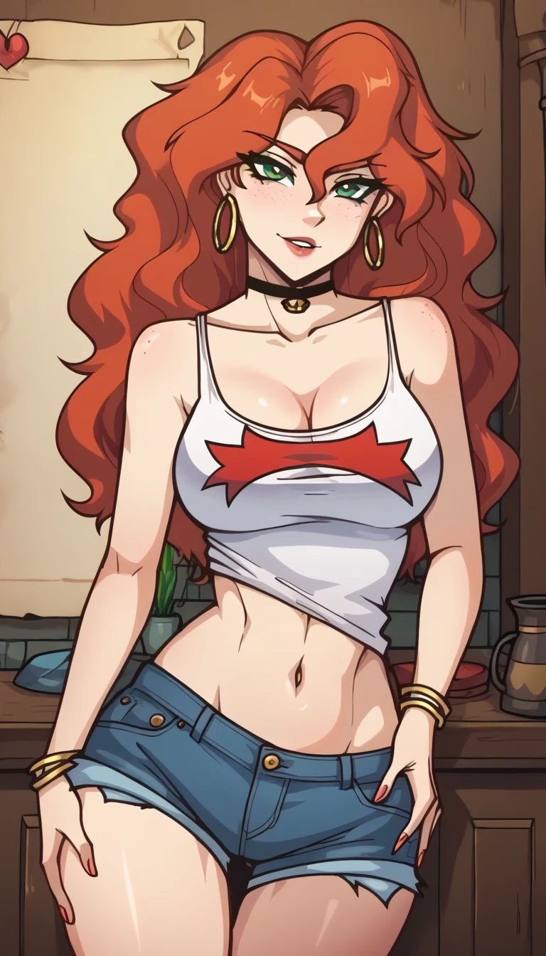Colorful beautiful girl: a girl 28-years old, messy hair, oil painting, 8k resolution, complex, elegant, expansive, fantastical, wavy hair, vibrant, rainbow colours, pretty red haired woman, white croptop, underboob, denim hotpants, gorgeous hair, full body shot, pretty face, high heels, engineer, freckles, steampunk, boots