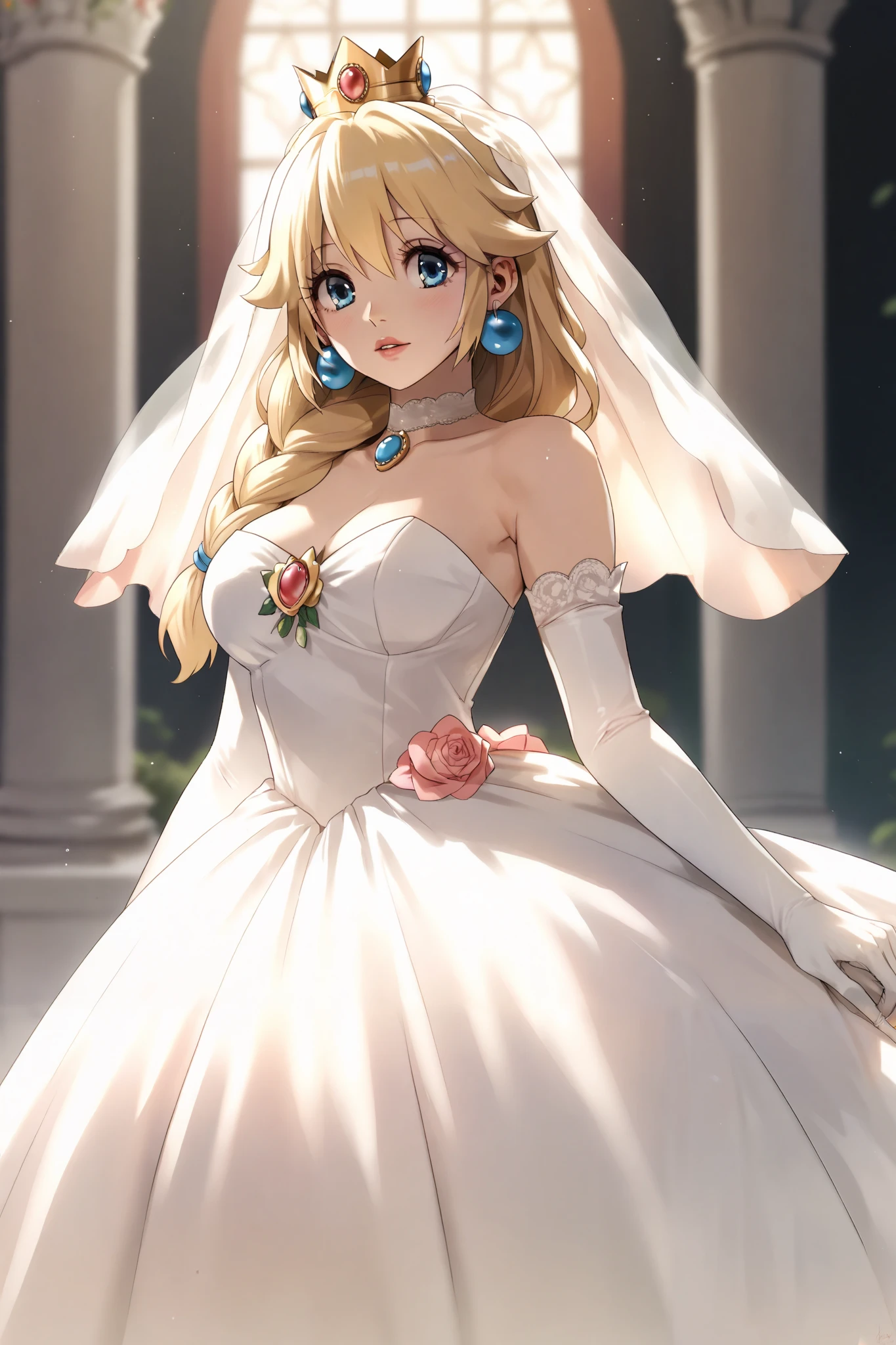 peach wedding , princess peach, white dress, 1 girl, blonde hair, Elbow Gloves , jewelry, long hair, blue eyes, earrings, crown, white gloves, wedding dress , strapless dress standing in the woods, shoulder out, choker, Veil