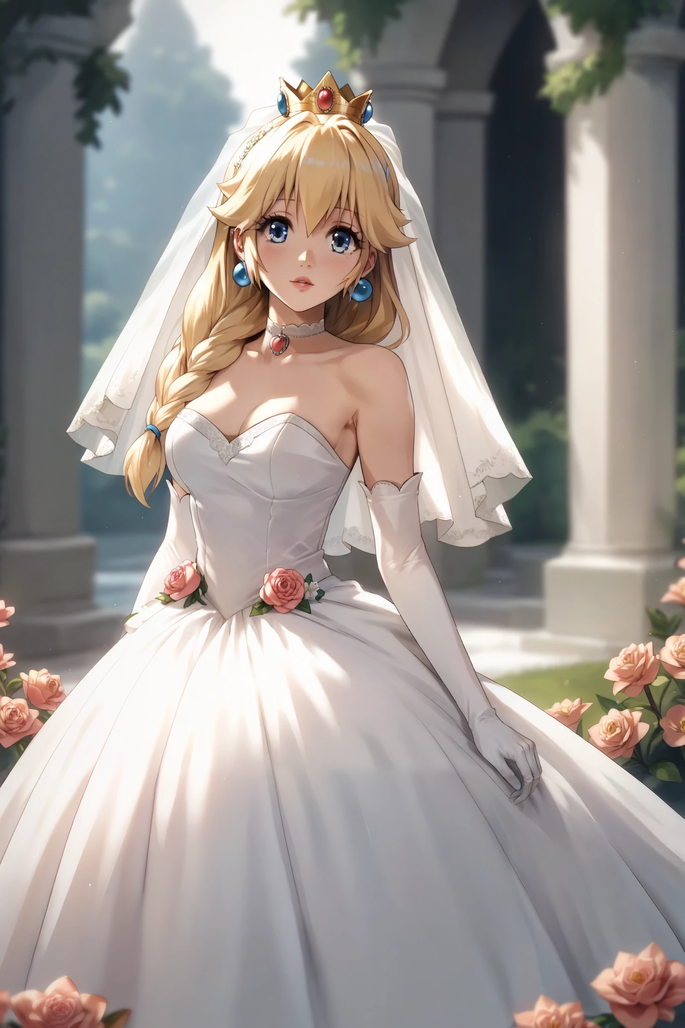 peach wedding , princess peach, white dress, 1 girl, blonde hair, Elbow Gloves , jewelry, long hair, blue eyes, earrings, crown, white gloves, wedding dress , strapless dress standing in the woods, shoulder out, choker, Veil