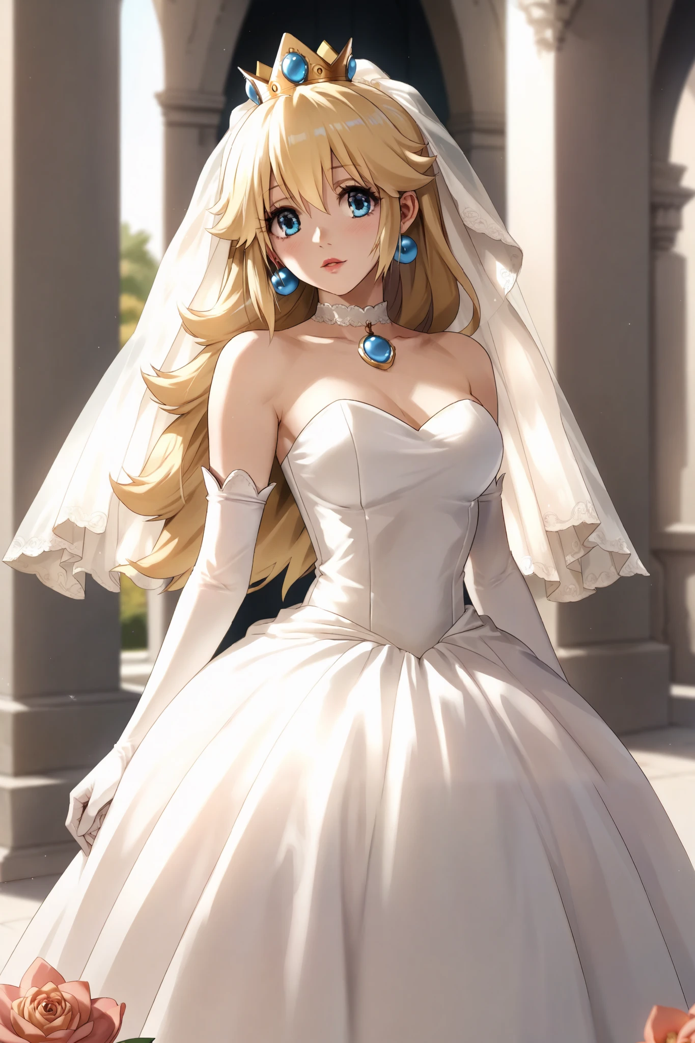 peach wedding , princess peach, white dress, 1 girl, blonde hair, Elbow Gloves , jewelry, long hair, blue eyes, earrings, crown, white gloves, wedding dress , strapless dress standing in the woods, shoulder out, choker, Veil