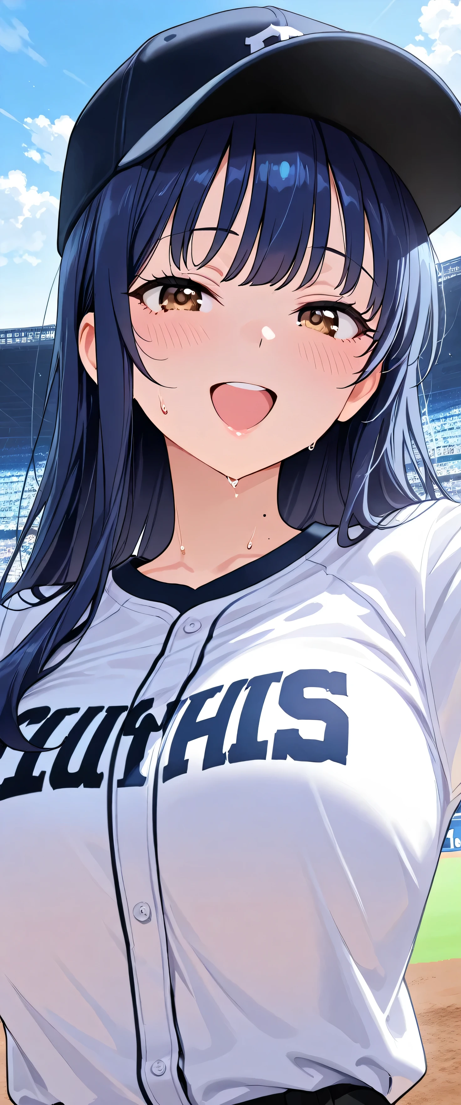 (beautiful girl: 1.3),masterpiece,Please redeem,Ultra-high resolution,Rich contrast,Very high quality,8k,Highly detailed CG unit wallpaper,Texture,So ridiculous,RAW Photos,Please redeem anime,Depth of written boundary 1.2,ultra-detailed eyes,Glowing Skin,Glitter Effect,Beautiful glossy lips,Yamada Anna,dark blue hair,brown eyes,long hair,sidelocks,mole on neck,A mother,clothes writing,Baseball Stadium,(Laugh so much),(sweat),Baseball cap,Spread your arms wide,((He is lifted up by the players))