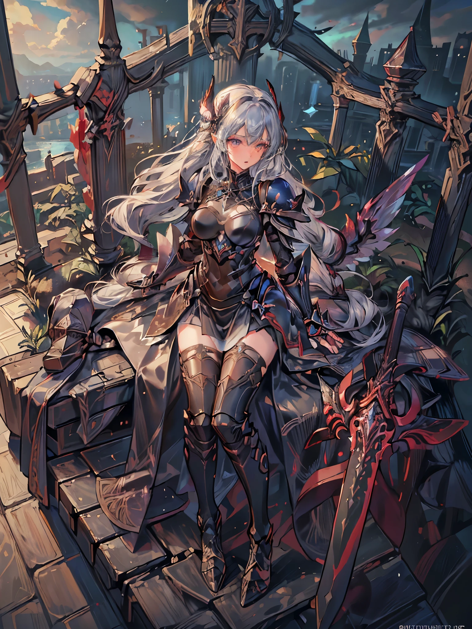 (((masterpiece, best quality, high detailed, 16k))) (detailed description), (( best CG )), Highly Detailed Art, (Art with Precise Details:1.5), (Female Fallen Angel user:1.5), (Beautiful and well-proportioned face:1.3,anger), female angel holding a huge sword, big breasts, banishment, Raging Fire, magma erupts from the cracked earth, Lightning that is more intense than dark clouds passes through the earth. (detailed face), (detailed eyes), ((full body front view)), (extremely detailed:1.5)