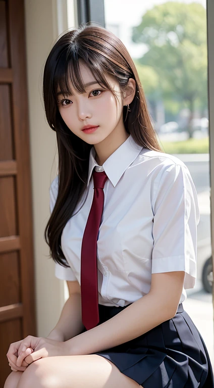 (masutepiece, Best Quality:1.2), 8K, 18year old, 85 mm, Official art, Raw photo, absurderes, White dress shirts, Pretty Face, close up, Upper body, violaceaess, gardeniass, Beautiful Girl, School uniform, (Navy pleated skirt:1.1), Cinch West, thighs thighs thighs thighs, Short sleeve, atlibrary, Looking at Viewer, No makeup, (Smile:0.4), Film grain, chromatic abberation, Sharp Focus, face lights, clear lighting, , Detailed face, Bokeh background, (dark red necktie:1.1)、medium breasts