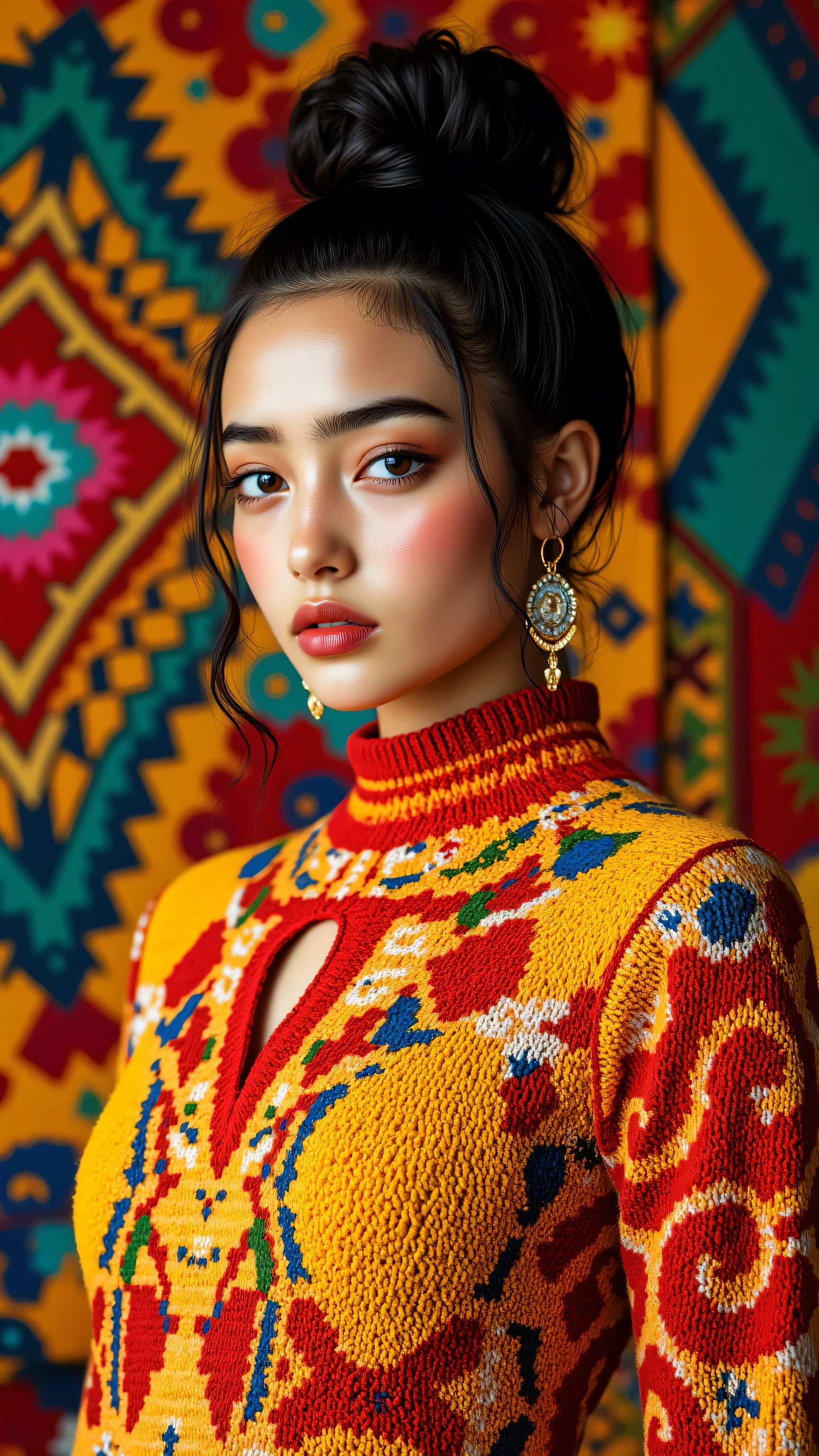 Arafed woman with a colorful sweater and earrings standing in front of ...