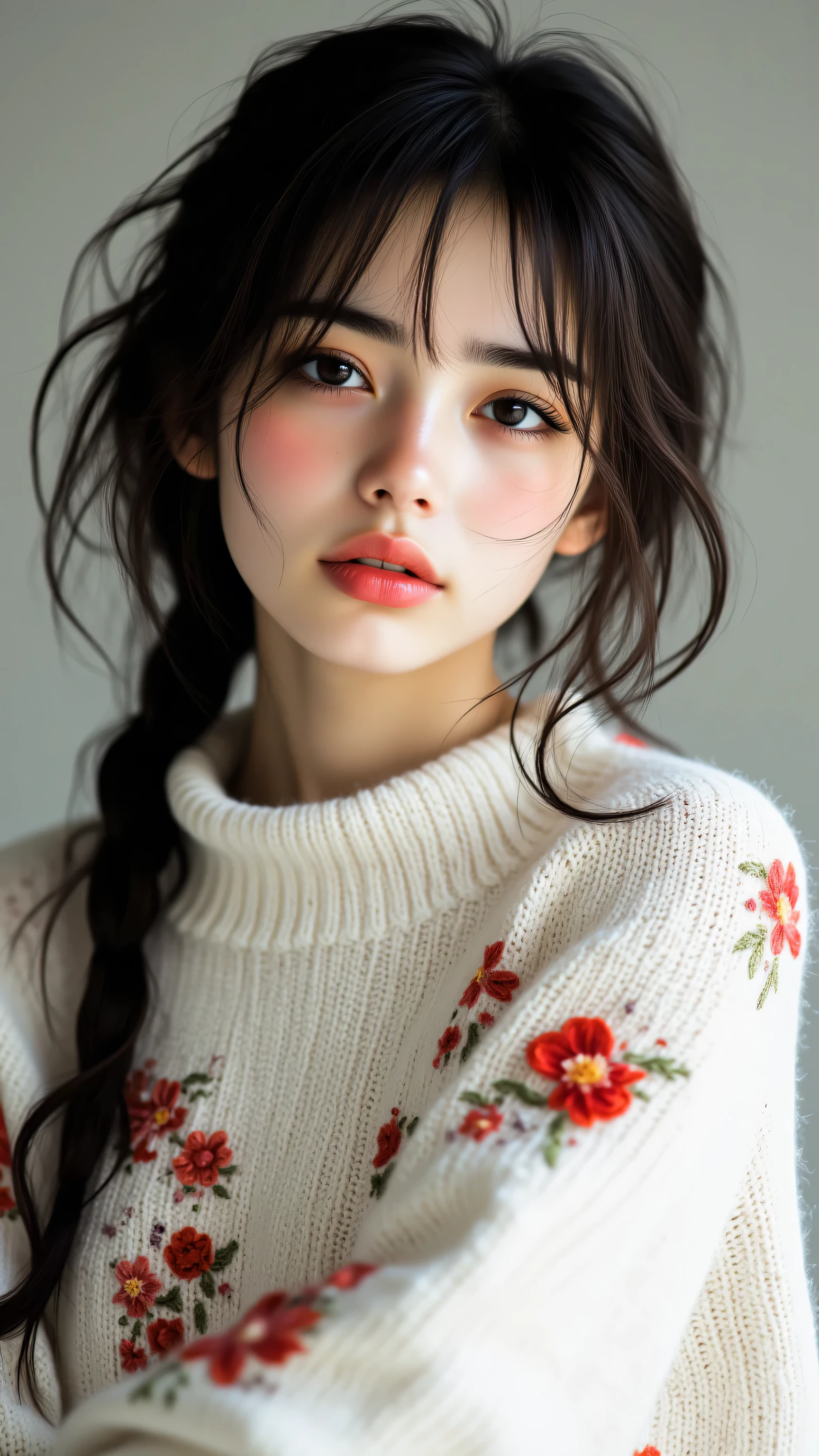 8k, masterpiece, highest quality, long dark hair in side braid, floral embroidered white sweater, red flowers, delicate features, soft lighting, elegant, fashion photography, high resolution, detailed, realistic