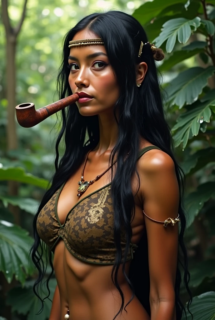 mujer primitivo head on, brown skin color,head on, Naked torso smoking tobacco on the bank of a river in the jungle, long hair, athletic body, naked and bent over