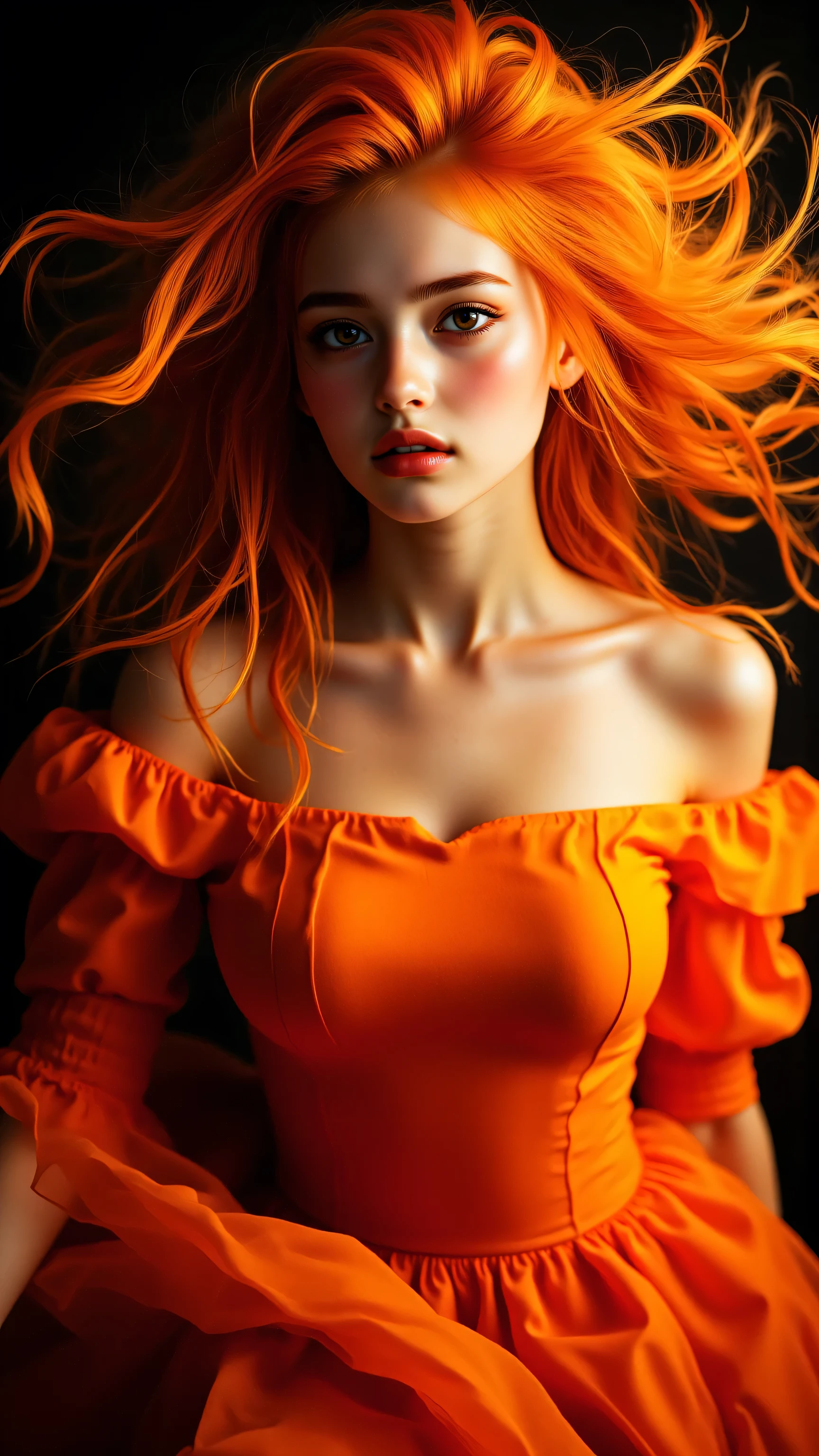 8k, masterpiece, highest quality, woman, fiery orange hair, flame-like hair movement, orange dress with puffed sleeves, dramatic lighting, dark background, fire goddess aesthetic, intense gaze, ethereal beauty, high contrast, vibrant colors, fantasy