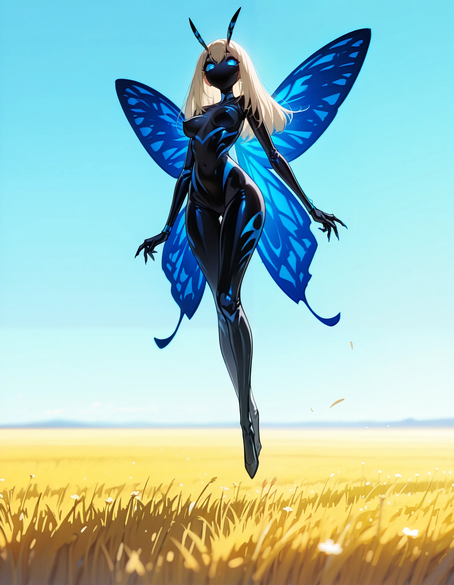 score_9, score_8_up, score_7_up, score_6_up, score_5_up, score_4_up, (masterpiece), 1girl, alone, full body, flying, hovering in the air, best quality, ((masterpiece)), Insect Woman, Big BUG wings, wide range of colors, ((EXTREME CMYK colors), ((perky breasts)), sexy, provocative, seductive, bug antenas, Bug wear, wheat field, flowers, aburdres, vibrant,