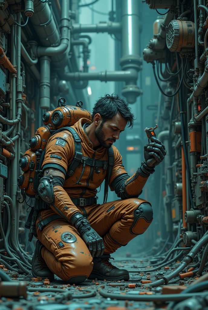 Photorealistic. a  photo of a mechanic of an interstellar modular transport ship. 55 years old. Tane skin, 3 day stubble, dirty, sticky hair and face, dark circles around eyes, stains of sweat and oil on the chest, dirty mechanic dunfarees full of patches, zip belts, hi-tech organic-like shaped life supporting system, ankle hi-tech shoes, rubber elbow and knee pads, worker belts on waist and chests, equipped with many complicated tools. Hi-tech backpack, fabric protecting glove on one hand, the secon hand is mechanical, with precize electronic wrench instead of palm. He has a hi-tech electronic ocular with many lenses, to see very small elements. Kneeling on a dirty technical corridor examinating damaged electronic gear. Dark, Low power supply lighting, muted colours, steam spreading from pipes, lots of vires hanging suspended under sealing, industrial gear on walls. Complementary teal colour scheme. Dark Sci-fi movie aesthetics, hi- tech nanotechnology, cyberpunk vibe, futuristic shapes and materials, strong shadows, dark background, hot, tropical atmosphere, strong film grain. Hyper detailed. Front view.