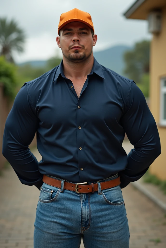 A handsome muscular big thighs big biceps mixed Pakistani Caucasian guy in tight long sleeve collared seamless zipped denim bodysuit and boots walking sexily in a rural area