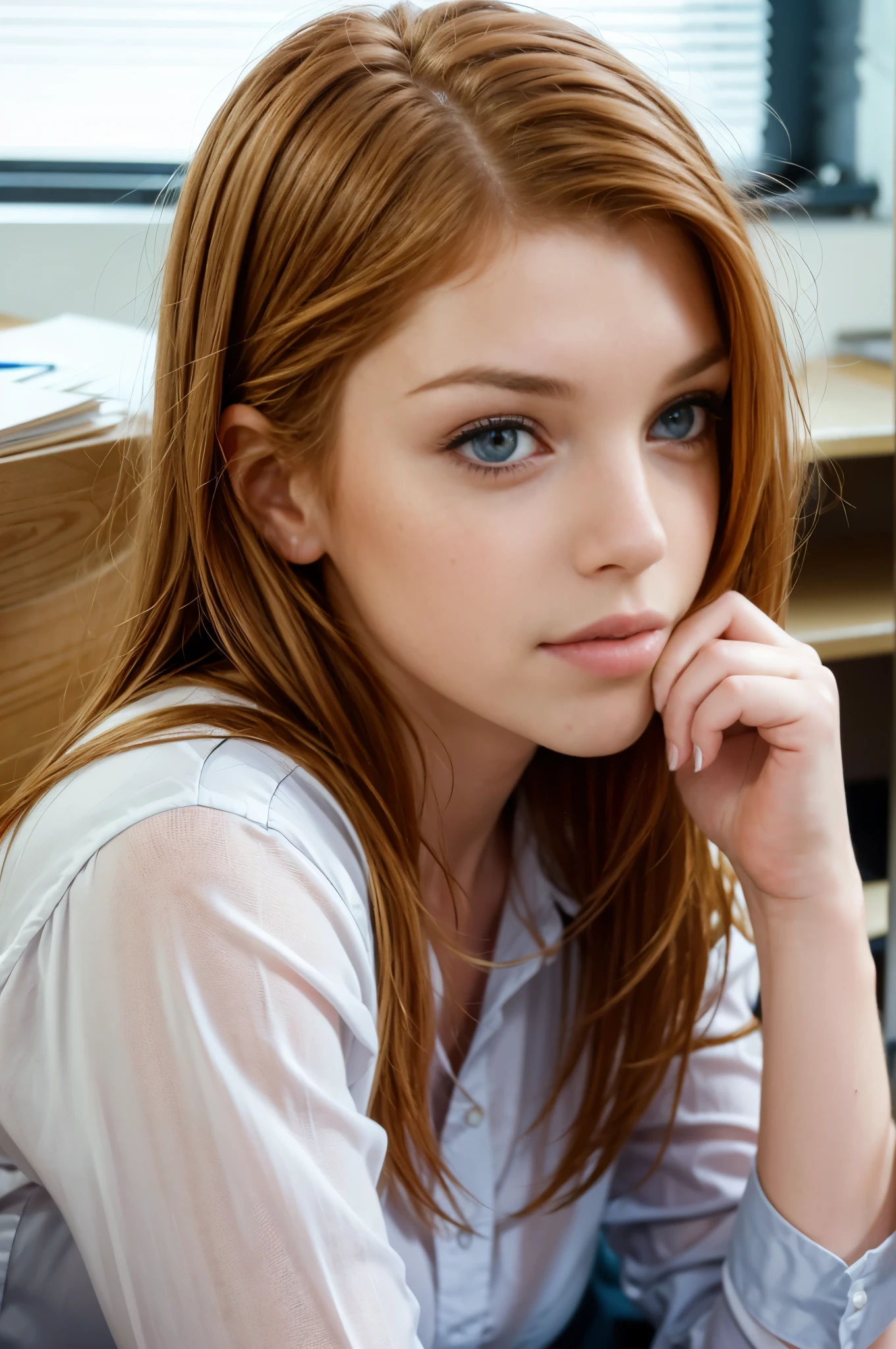 Realistic photo of a beautiful 18 year old, (best quality,ultra-detailed,realistic:1.2),beautiful detailed eyes,beautiful detailed lips, student, classroom, learning, sitting at desk, books, coy, pencil , fistevens