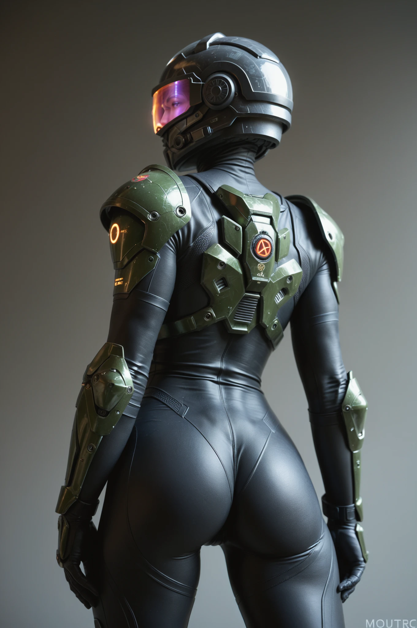 halo,femele,orange colors,black in color,Bring a helmet,standing on your feet,The legs are long,Back,The butt is round,focus on ass,8K