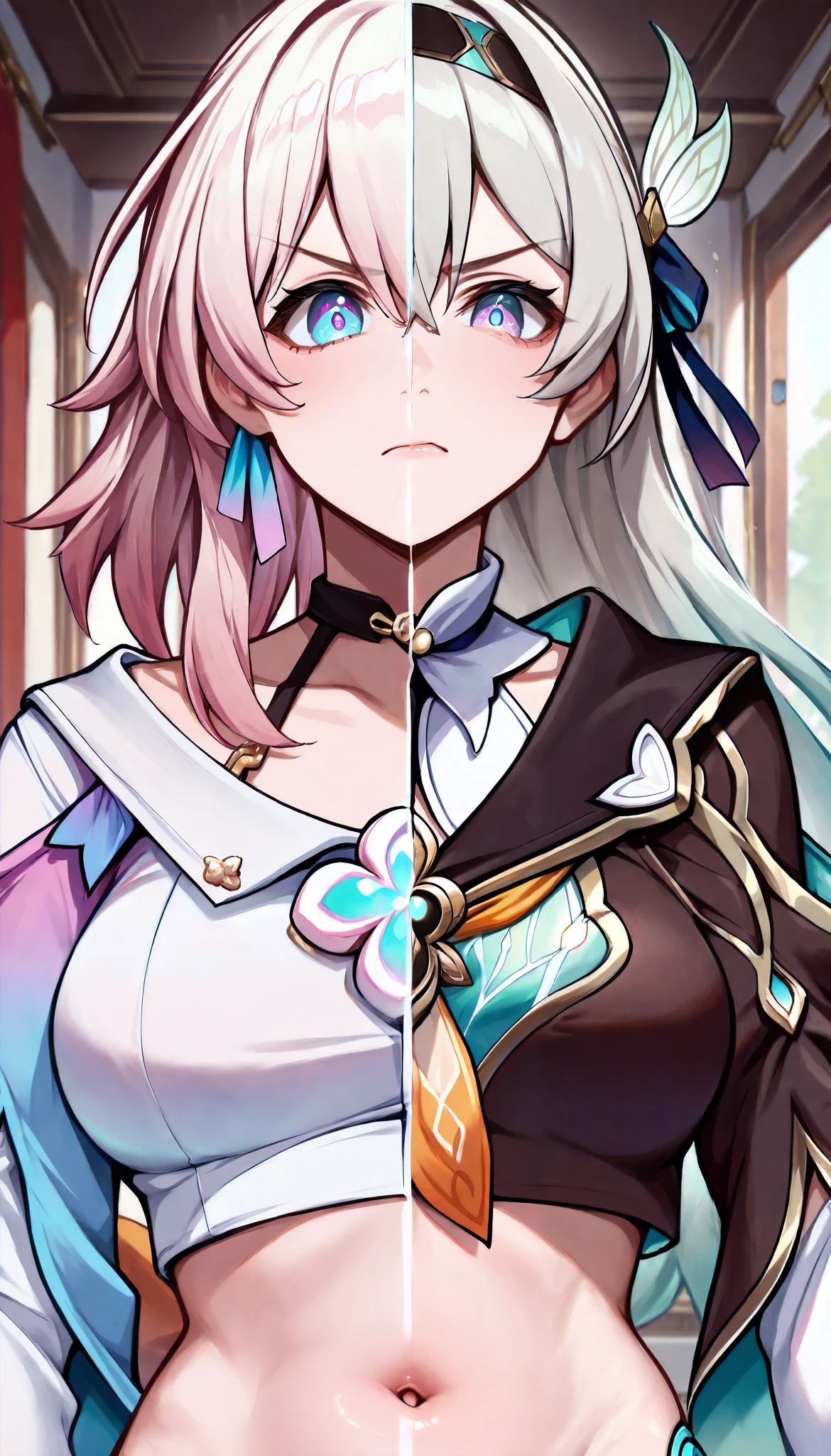 masterpiece, best quality, indoors, 1girl, SplitScreen, split screen, upper body, crop top, navel, angry, firefly from honkai star rail, march 7th from honkai star rail,