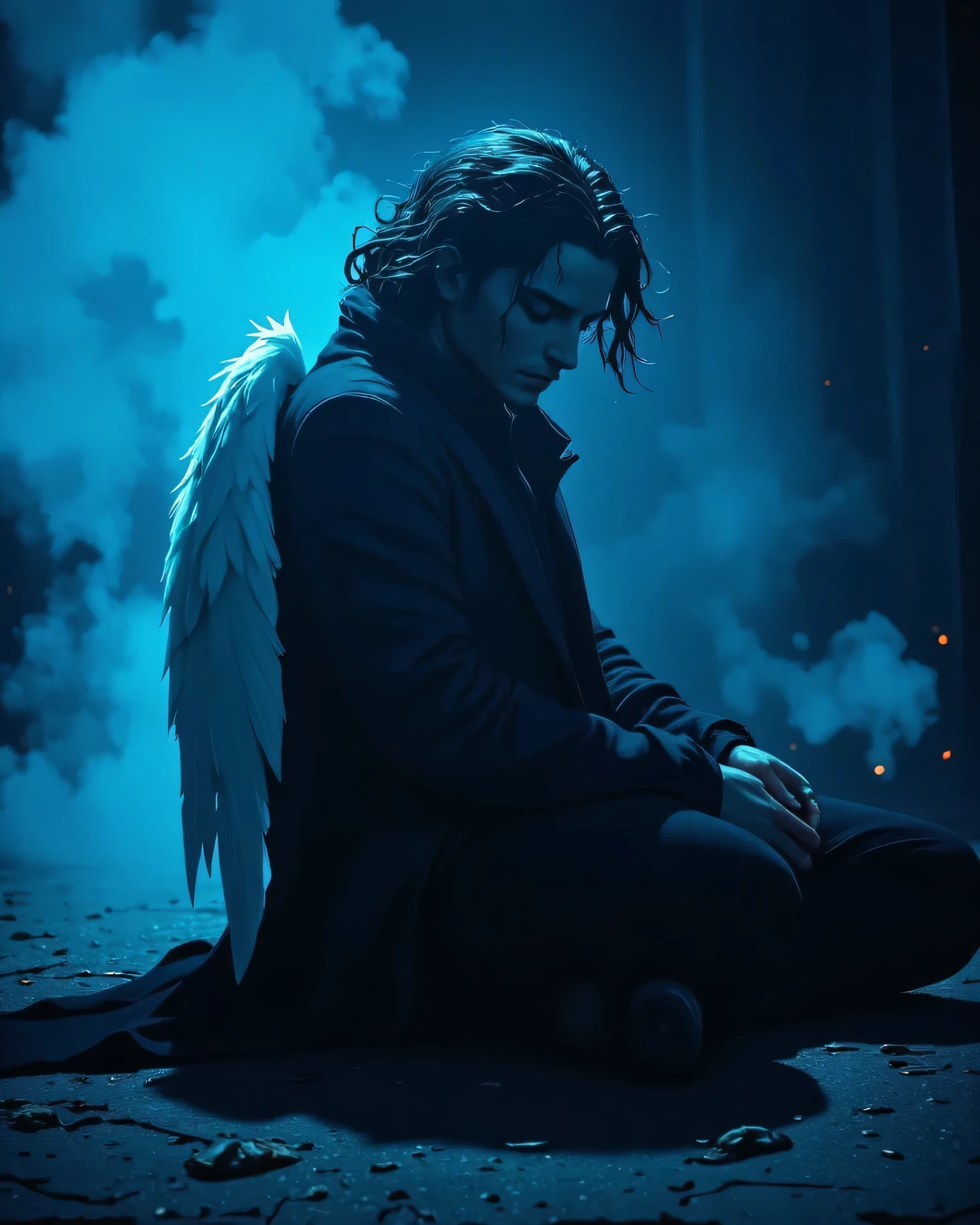 A silhouette of a man with wavy hair, white feathered wings, looking sad, sitting on the street, dressed as a beggar, (looking down crying), frontal shot, close-up, shrouded in deep darkness, (thick misty smoke), (floating blue-green-sapphire glowing particles), ((((deep dark sapphire blue color)))), (((blue))) at night, darkness, shadow, masterpiece, digitalart, painting, split complementary palette, muted, (((monochromatic))), achromatic, (cinematic artistic composition), best quality, (ancient feel), philosophy, ((mystical)), Digital painting style, brushstrokes