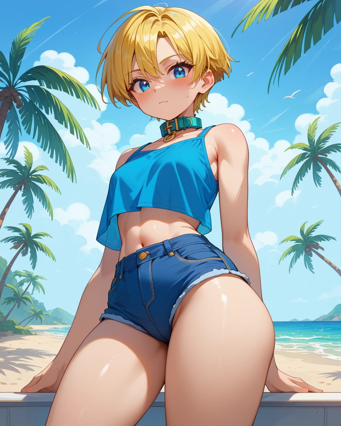 <lora:murata-yuusuke-1484it-novae:1>, android 18, blonde hair, blue eyes, short hair, choker,
BREAK
(miniskirt, yellow leopard print bikini:1.8, micro bikini, white shirt, swimsuit), (dark tan skin:1.2), shiny skin,
BREAK
large breasts, nipples, happy, smile, blush cheeks, breath, sweat, undressing,
BREAK
hetero, (hetero couple),(sex:1.5),(vaginal),spread legs,lying,on back,penis,cum in pussy, (focus on girl), nsfw,