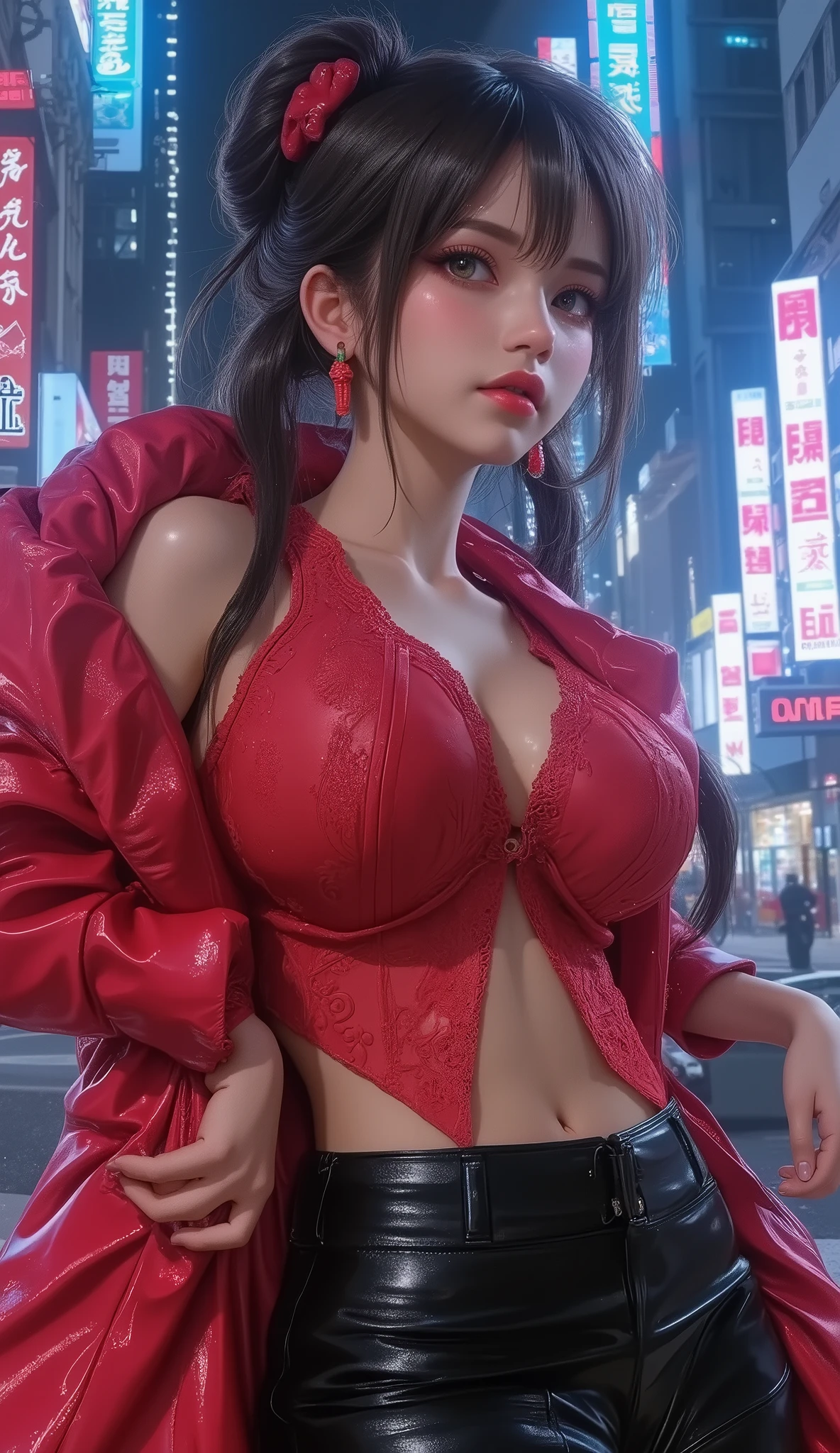 27-year-old Korean woman,Cyberpunk futuristic city at night,Sitting on the fluffy sofa, (((T Masterpiece))), ((best quality)), ((intricate details)), ((ultra realistic realism)), stupid solution, mature woman, ripe woman, very detailed, An illustration,((large breasts)), perfect hands, detailed fingers, beautiful detailed droopy eyes,long whipped hair, (((Morrigan Aensland:1.5, blunt bangs, dark pink straight long hair, black china dress, Super mini thong with strings on both sides, {fur fur boa scarf}))) ,Detailed background, perfect eyes, enchanting eyeouth slightly open,(((Glossy pose, One big breasted girl with saggy breasts:1.4)))