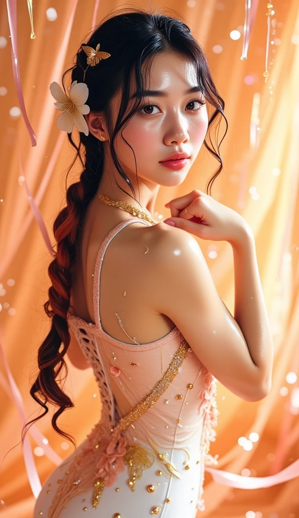 High resolution, Adult female , Good lighting, virile, , (No nudity), (((China dress))), (()), ((())), (garter belt), Abdominal area only, (), , Cute face, I'blush with embarrassment, Humiliating, ((Looking Back)), ((See-through))()(Thong)(A lot of stuff is attached to the body,)