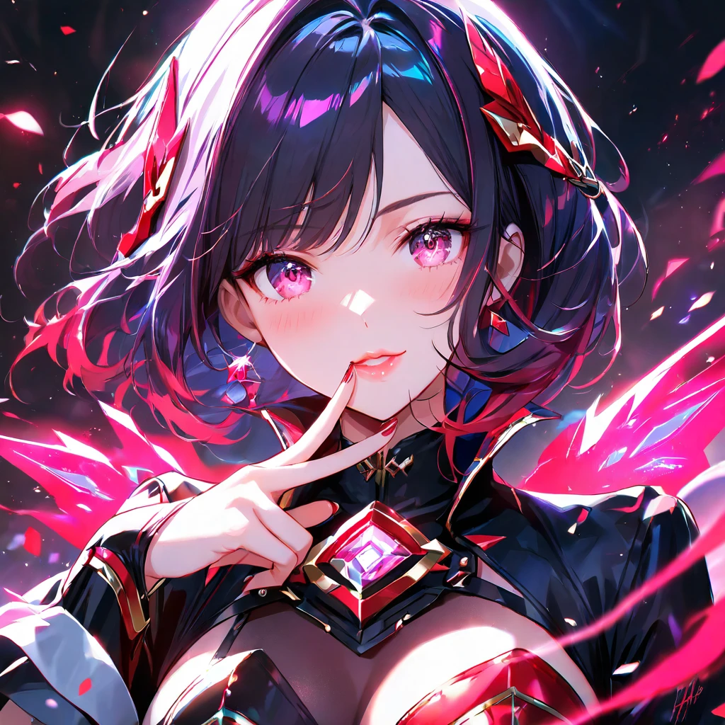 beautiful illustration, best quality, demin girl, curled horn, cute girl, bedroom, pastel color, black hair,twintails, bright lighting, light pink eyes, tatoo, scar, evil smile, detailed face