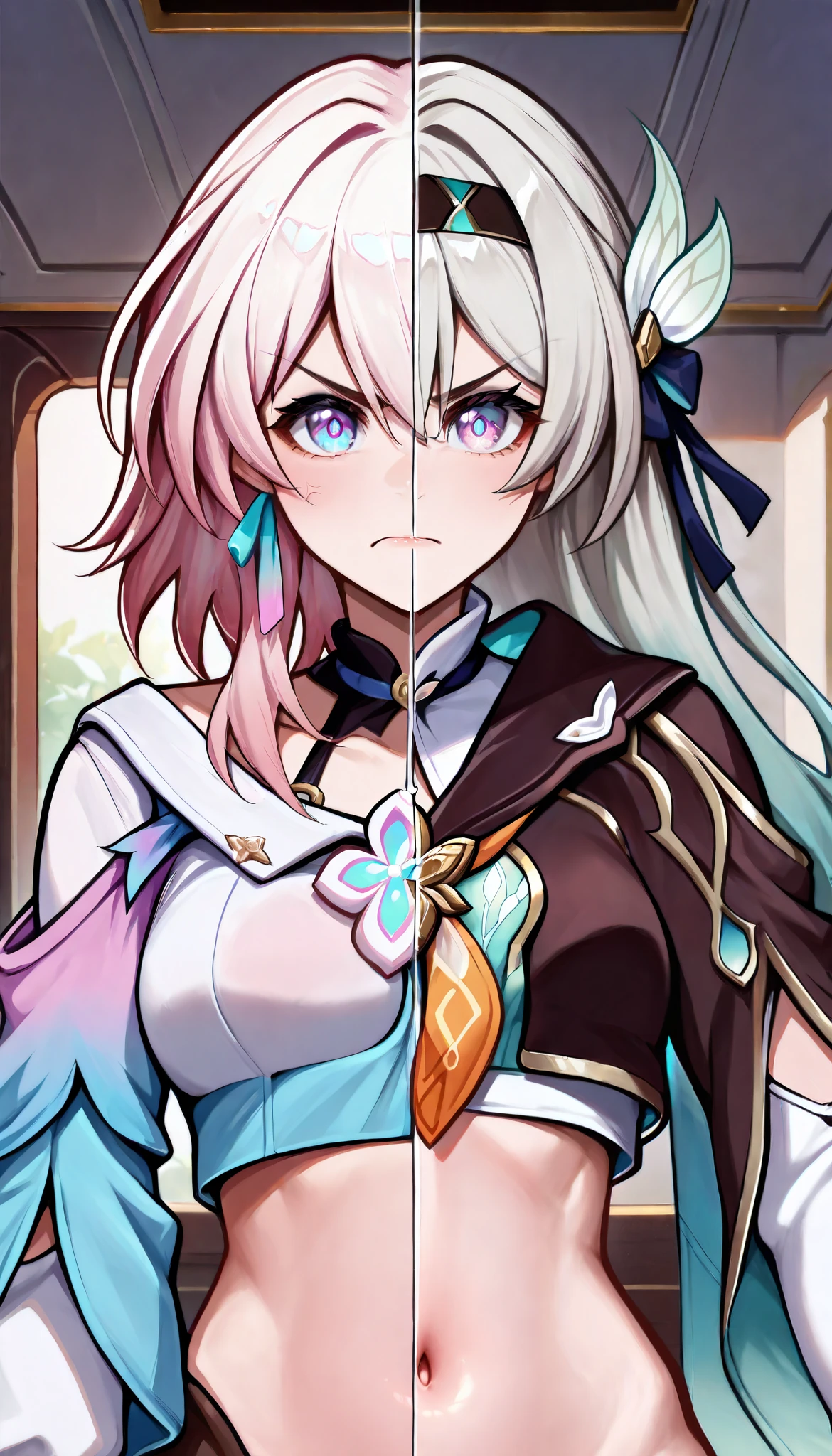 masterpiece, best quality, indoors, 1girl, SplitScreen, split screen, crop top, navel, angry, firefly from honkai star rail, march 7th from honkai star rail,