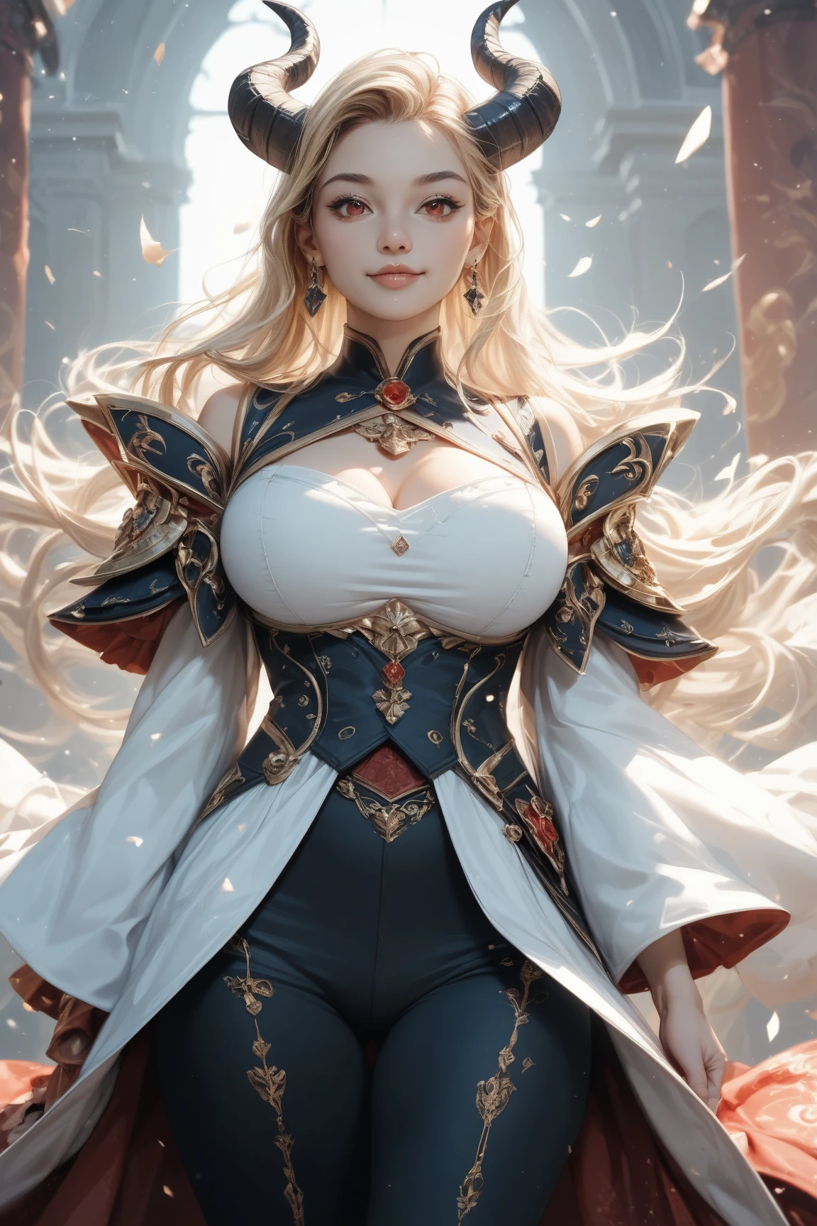 (masterpiece, best quality), 1girl, solo, (the empress:1.15), platinum blonde, long hair, (red cape), Curtain, armored dress, queen dress, aurora, (sunshine, sky, river, forest), expressionless, red eyes, very long hair, (art nouveau:1.2), alphonse mucha, tiara, (face focus, upper body), sit, (red throne:1.12), tiara, crossing legs, highly intricate details, realistic light, smile