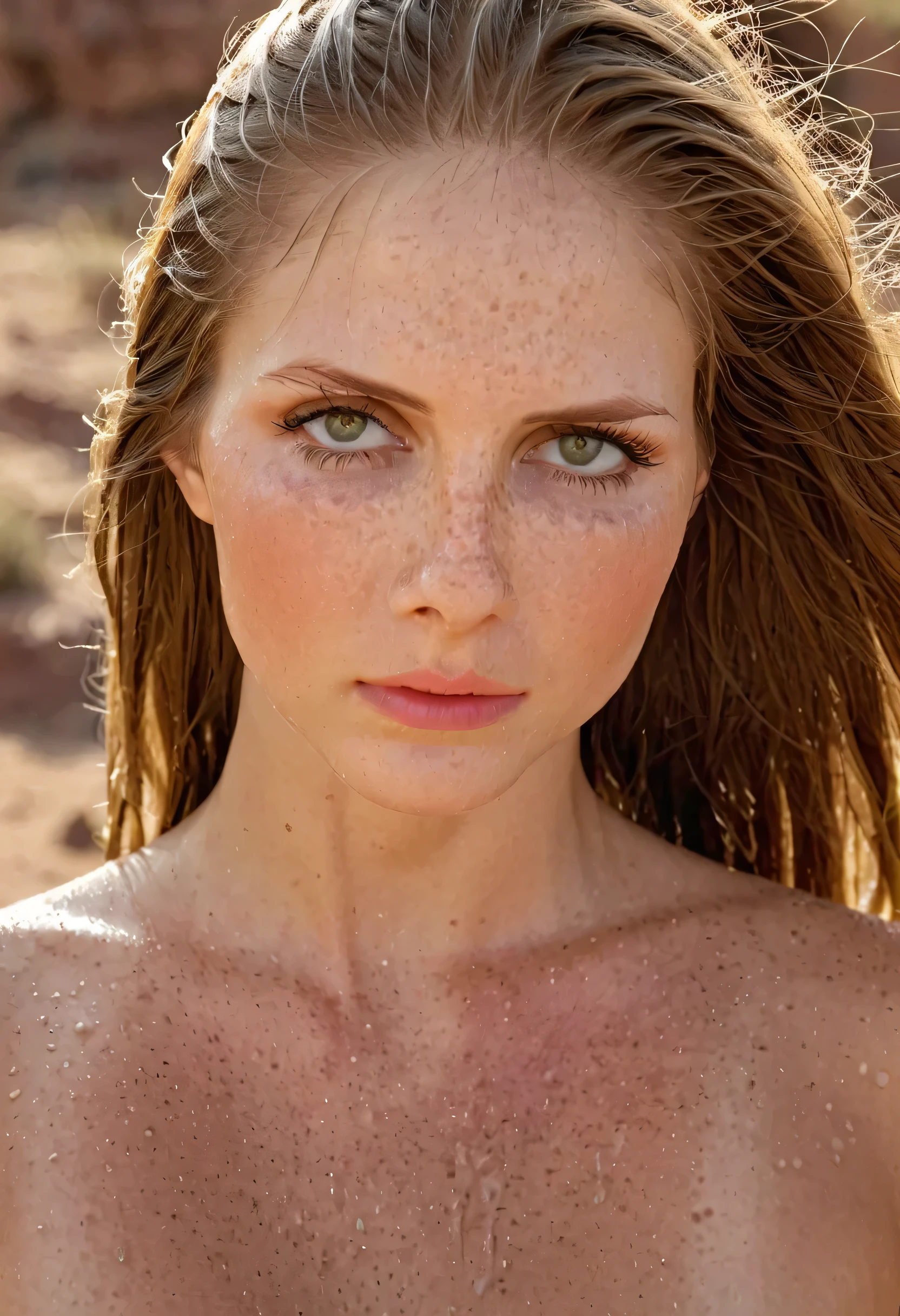 score_9,score_8_up,score_7_up, a extreme beautiful woman, (((high detailed face))), (((hiper realistic face))), ((high detailed eyes)). Create an image of a thin, athletic woman, ((wet hair)), dirty, She is a soldier in a war and desert environment. She has wet blonde hair, vibrant green eyes, and flawless white skin, skin covered in sweat, lubed skin. Despite being an experienced combatant, She's injured, Sweaty and tired, but continues to fight with determination. Use bright sunlight and desert sand to create a realistic scene, desolate atmosphere. Try different angles and perspectives to capture the essence of their bravery and resilience, and use a hot, earthy color palette to emphasize the dry, desert environment. realistic photo, close up, freckles, (((extreme long hair to the waist))), ((wet hair))), wet dripping hair, ultra-realista, obra-prima, alta qualidade, highres, absurdes, ray tracing, “photorealistic portrait of a beautiful!!! aesthetic!!!, kodak film, ultra realistic face, photorealistic effect, 8k, perfetc eyes, perfect edges, perfetc body and hair ultra realistic, hair with great details, face photorealistic, perfect face, perfect anatomy, photorealistic, photo, masterpiece, realistic, realism, photorealism, high contrast, photorealistic, 8k HD high definition detailed realistic, detailed, skin texture, hyper detailed, realistic skin texture, armature, best quality, ultra high res, (photorealistic:1.4),, high resolution, detailed, raw photo, sharp re, nikon d850 film stock photograph 4 kodak portra 400 camera f1.6 lens rich colors hyper realistic lifelike texture dramatic lighting, unreal engine, cinestill 800